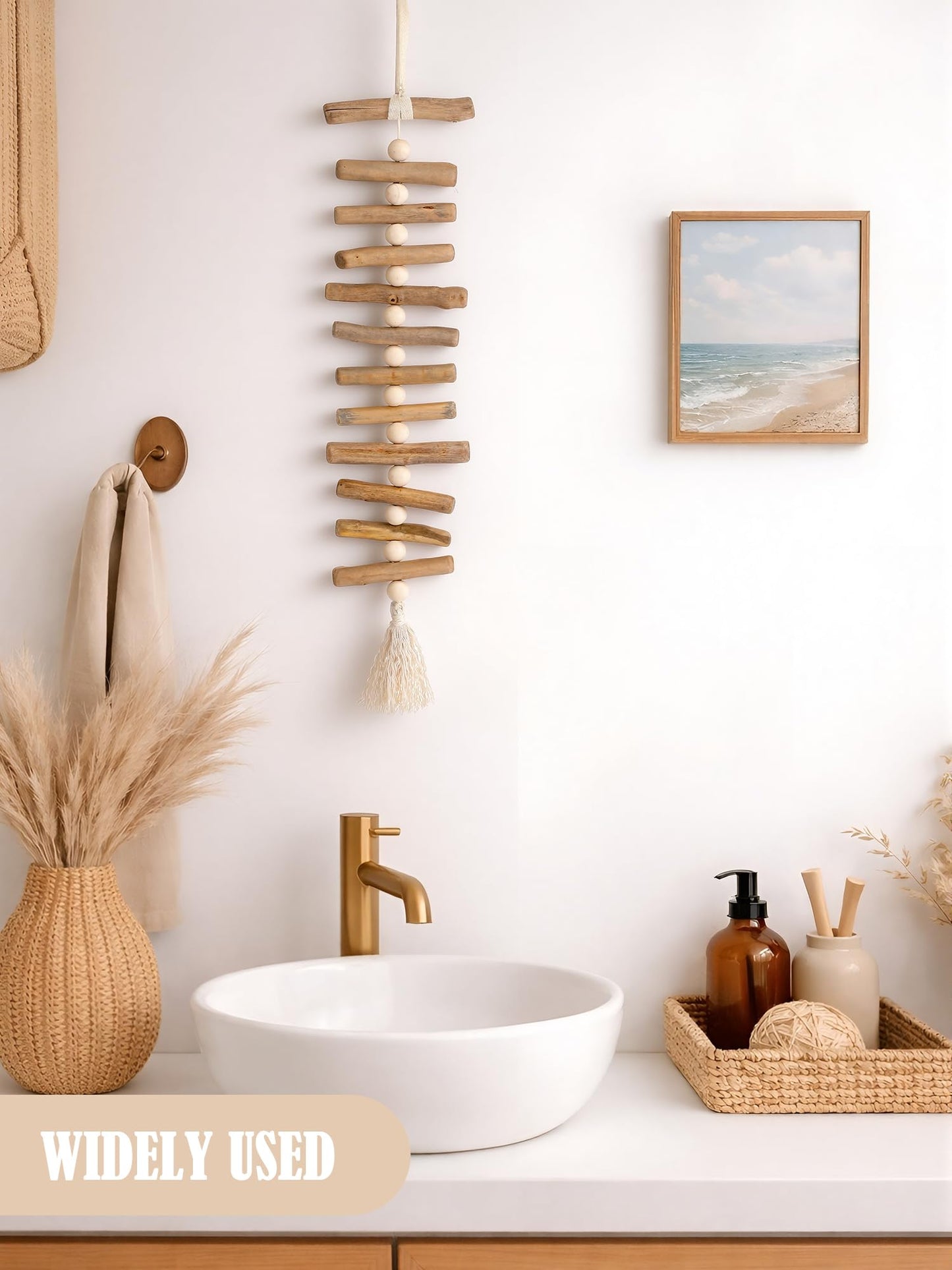Yerliker Wooden Driftwood Wall Decor Decorative Wooden Beads Wall Hanging Bohemian Ethnic Style Tassel Wood Decor Home Living Room Bedroom Beach House and Gift