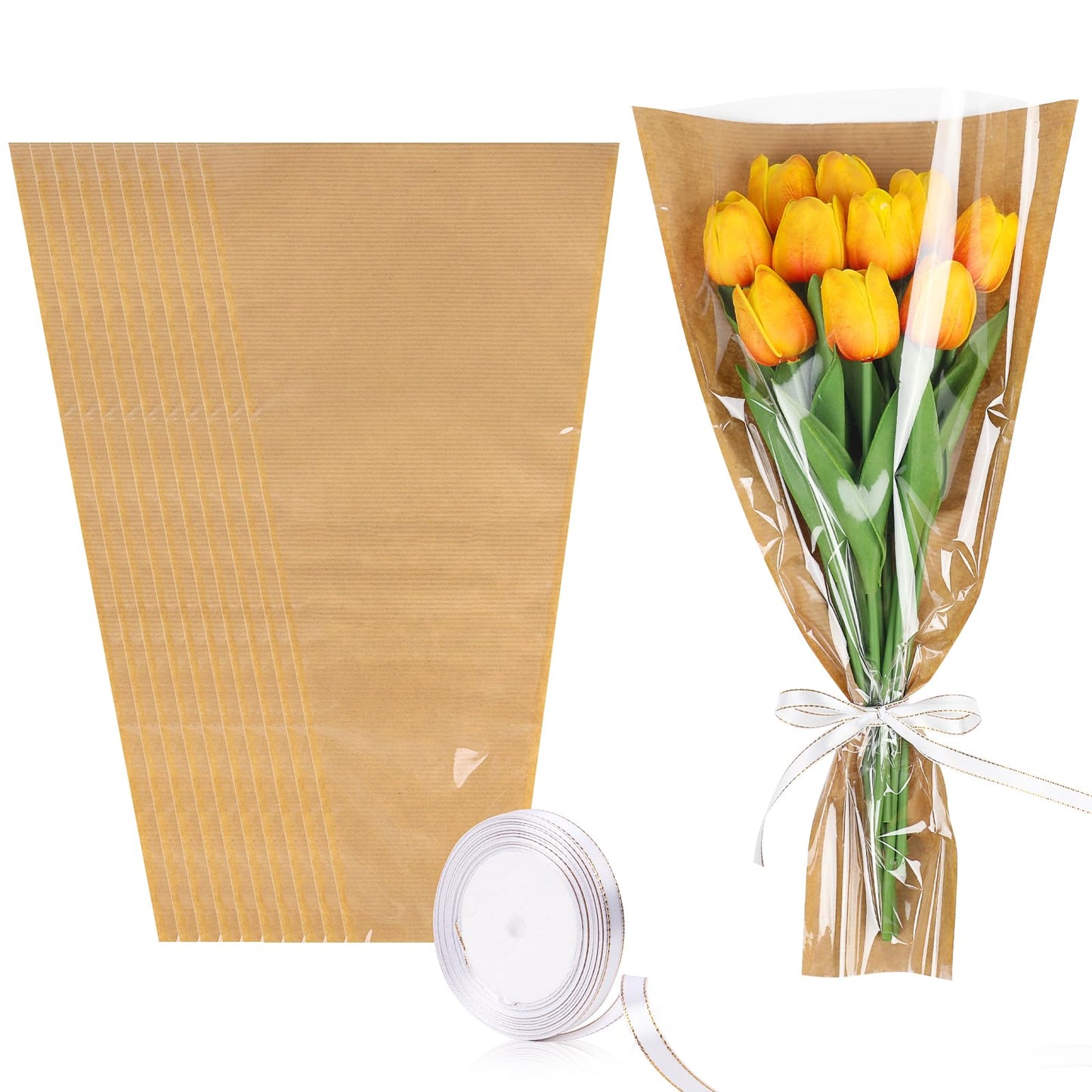 STEFORD 50Pcs Flower Bags for Bouquets Kraft Floral Sleeves Wrapping Paper with Ribbons for Mother's Day, Wedding, Birthday Graduation Florist Wrap Supplies, 9.8x17.9 Inch