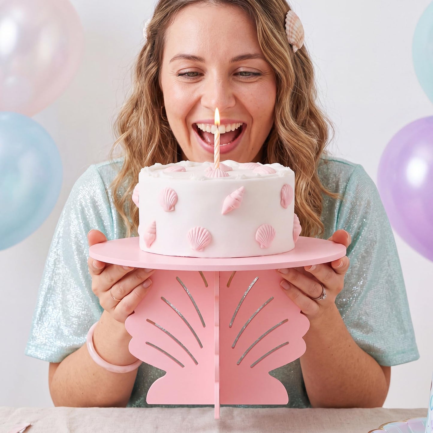Lallisa 12" Shell Shaped Cake Stand Pink 3D Ocean-themed Party Decorations with Scalloped Base PVC Dessert Holder Centerpieces for Wedding, Birthday, Baby Shower & Tea Party Ocean-themed Supplies