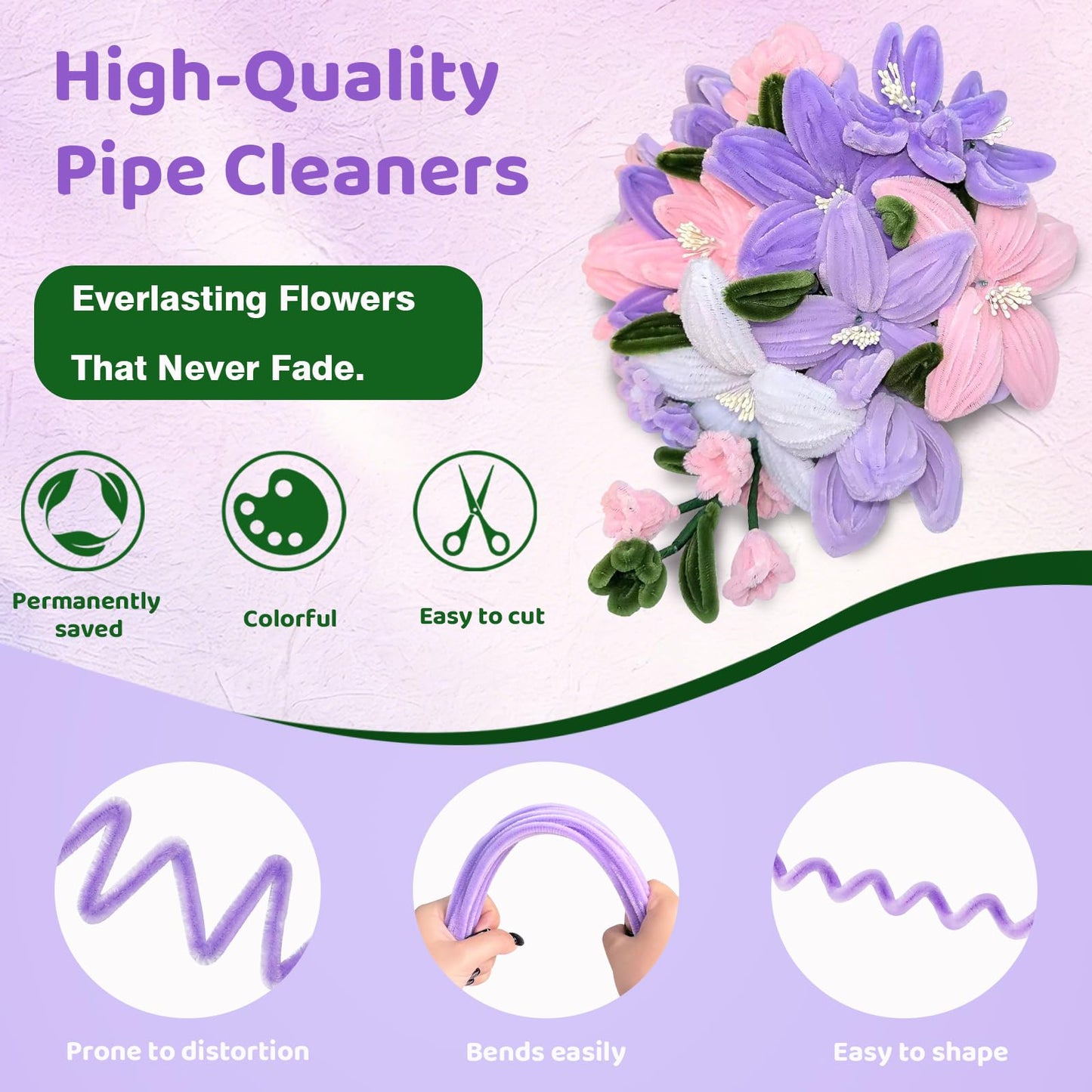 CITYBAN 400PCS Pipe Cleaners Craft,5 Assorted Pipe Cleaner Flower Kit,Kit with Floral Wires, Gardening Tape, Stamen, Floral & Ribbon, Pipe Cleaners Bulk,Ideal for DIY Projects（Purple）