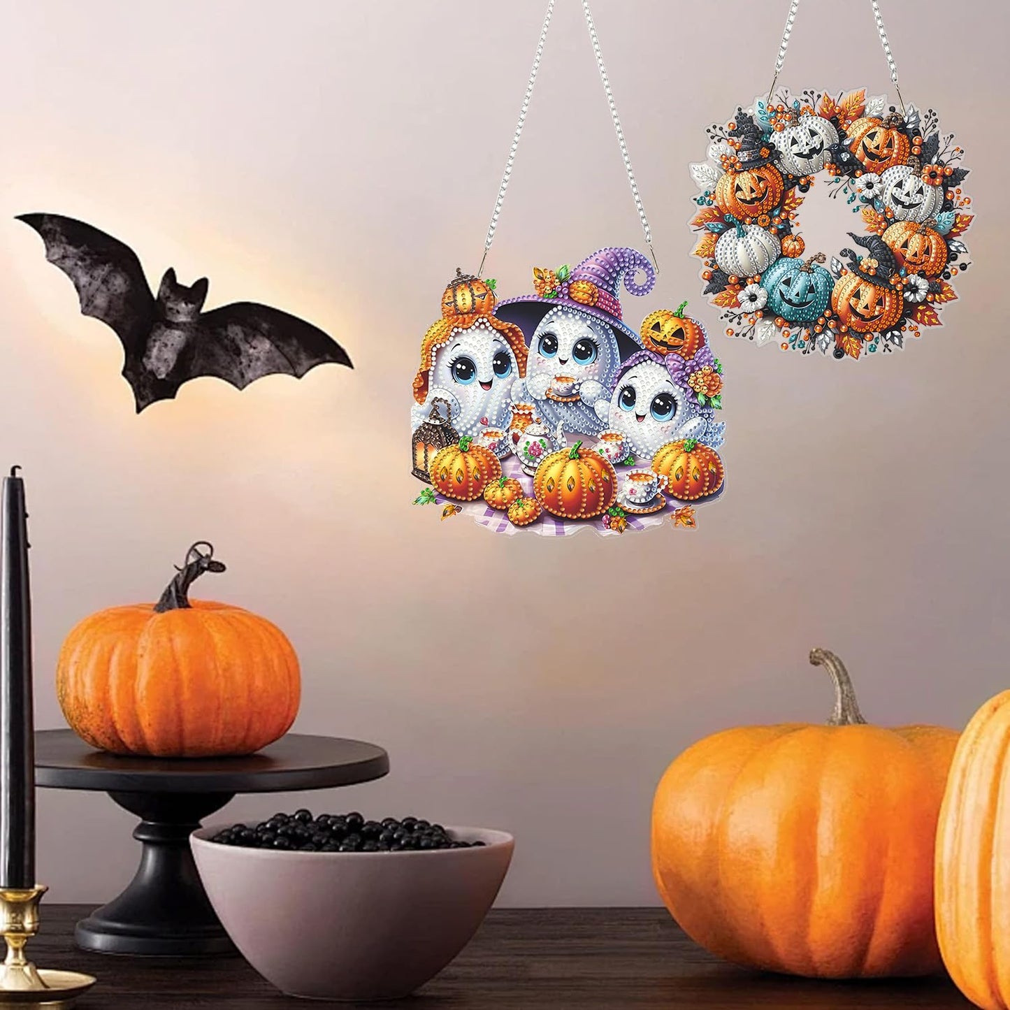 AIBOERL Diamond Art Hanging Kit for Adult,Special Shaped Rhinestone,Double Sided 5D DIY Acrylic Diamond Art Painting Window Pendants Home Garden Wall Hanging Kits Hanging Ornament (3 Pack Halloween)