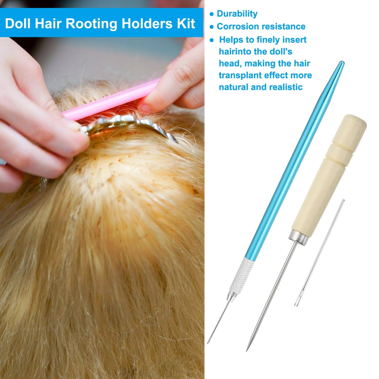 PATIKIL Doll Hair Rooting Holders Kit, 0.8mm Doll Hair Rerooting Knitting Needles with Wood Awls Crochet Hooks Doll Wig Tool for Doll Hair Making Supplies DIY Crafts, Blue