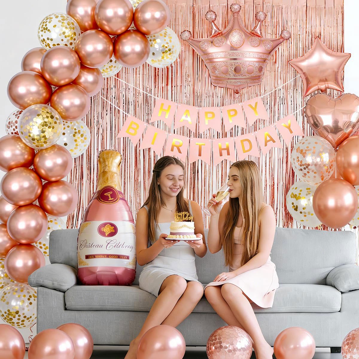 Birthday Decorations for Women with Happy Birthday Banner, Curtains, Bottle, Crown, Heart Star Balloons, Rose Gold Balloons for Girls Women Birthday Party Decorations