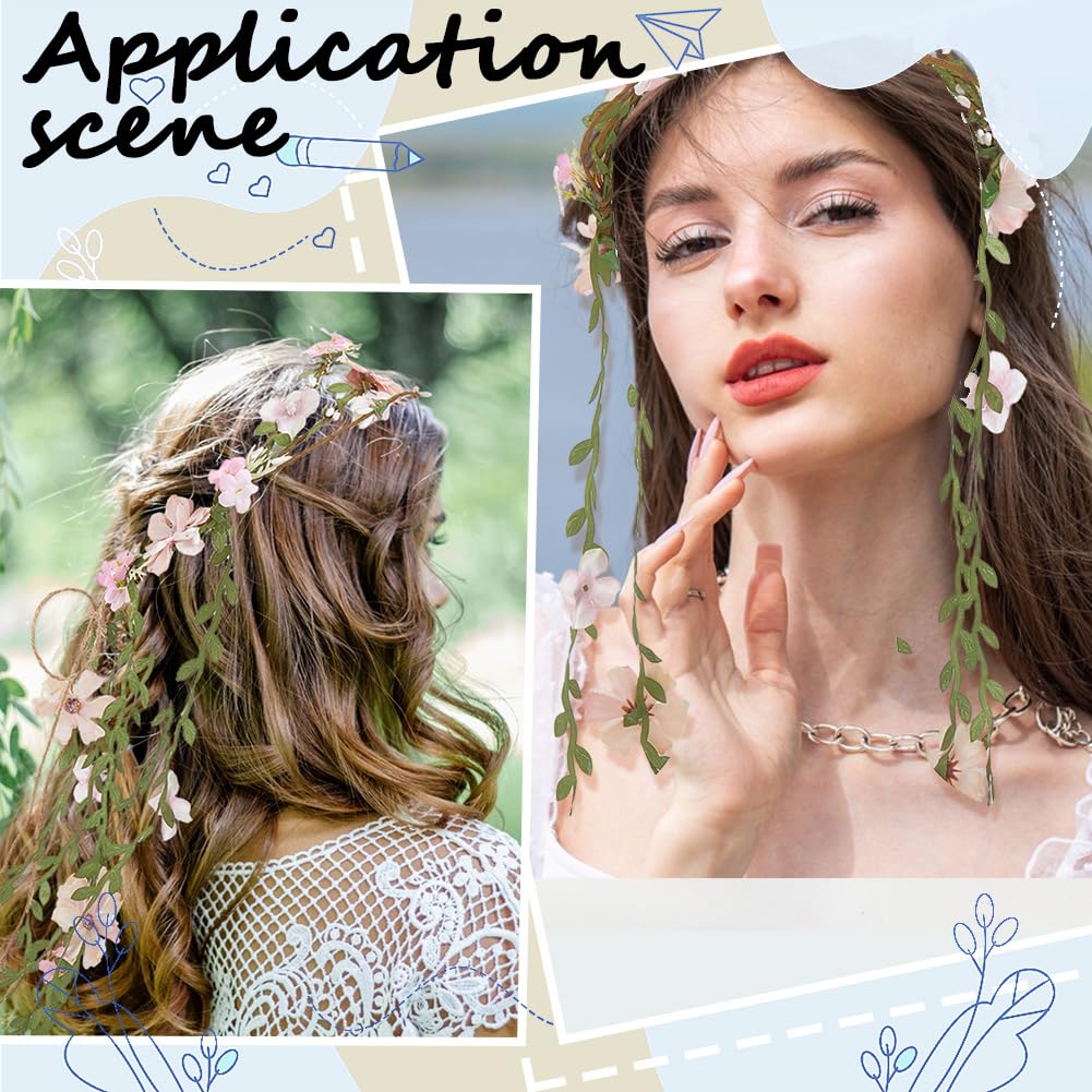 CABODYALS Pearl Pink Flower Crown Headband Boho Floral Wreath With Leaves Vine Ribbon Fairy Hairband Garland Wrapped Crafting Hair Hoop for Women Party Wedding Accessories Vacation Festival Decor