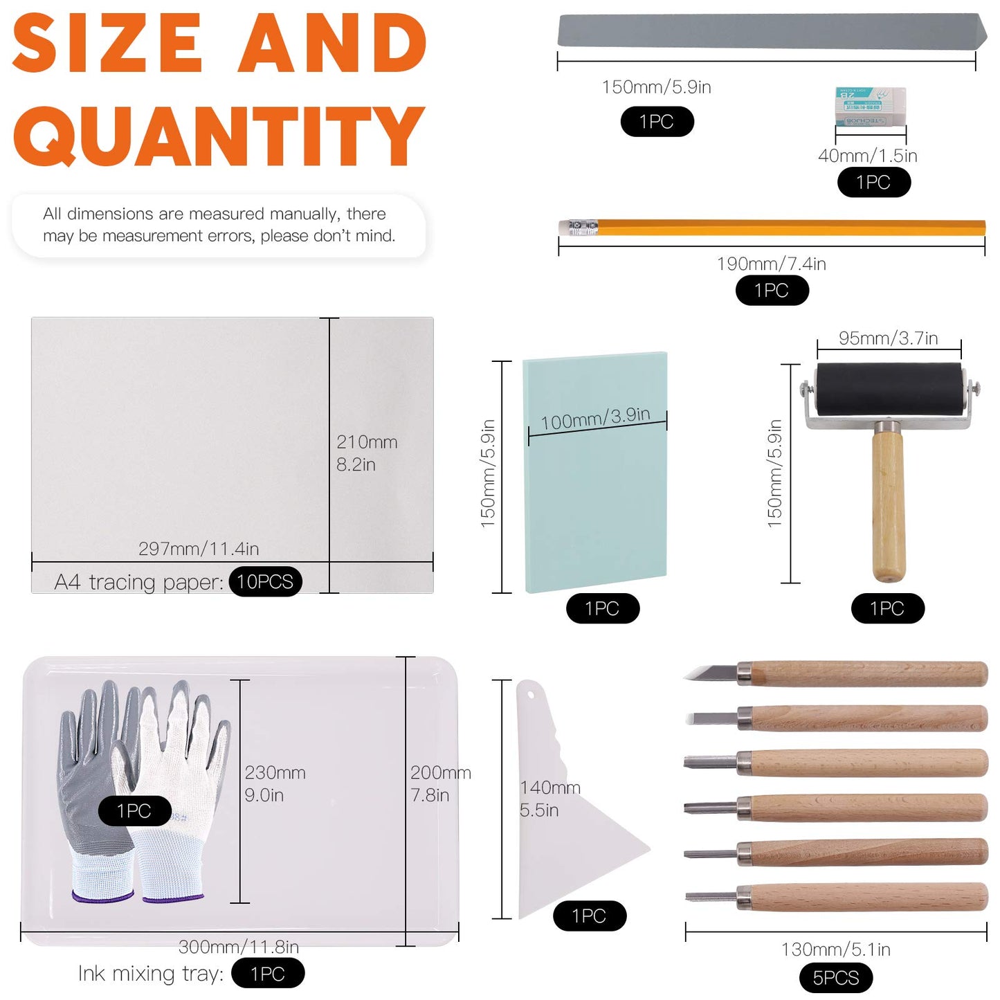 Rustark 24 Pieces Block Printing Starter Tool Kit with Whetstone, Stamp Block, Carving Tools, Tracing Papers,Pencil, Gloves,Eraser and Scrapper, Rubber Stamp Making Kit for Stamping and Printmaking