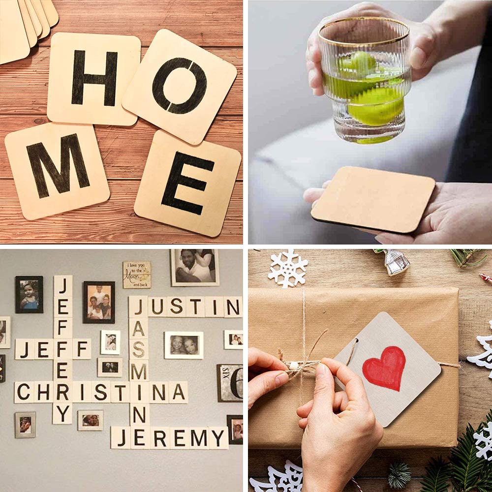 WLIANG 50 Pcs Unfinished Wood Pieces, Natural Blank 4 X 4 Inch Wood Squares, Wooden Square Cutouts Tiles for DIY Crafts Painting, Coasters Engraving, Home Decorations