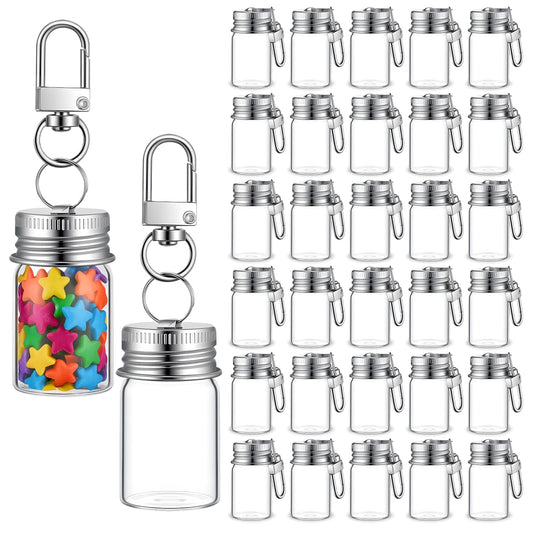 Yuanan 30 PCS Mini Keychain Seasoning Bottles with Lids, 7ml Glass Spice Containers Glass Wishing Bottle Empty Tiny Glasses Jars Mini Message Glasses Bottle for Travel, Outdoors, Lunchboxes, Camping