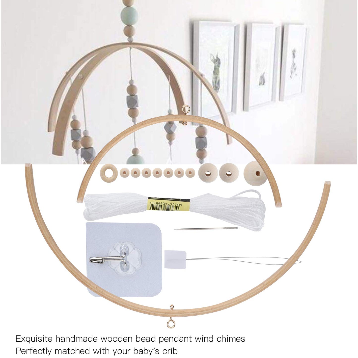 Baby Mobile DIY Kit, Nursery Wooden Frame Mobile Hanger Bed Bell Frame for Crafts Mobile Kit Wind Chime Bell Room Home Decor Gift