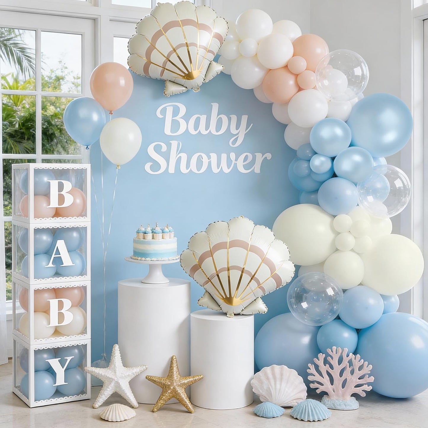 SNLN Under the Sea Baby Shower Decorations, Ocean Themed Birthday Party Decorations, Blue Pastel Orange White Balloon Arch Seashell Foil Balloon Box Sea You Soon Baby Shower Gender Reveal Decoration