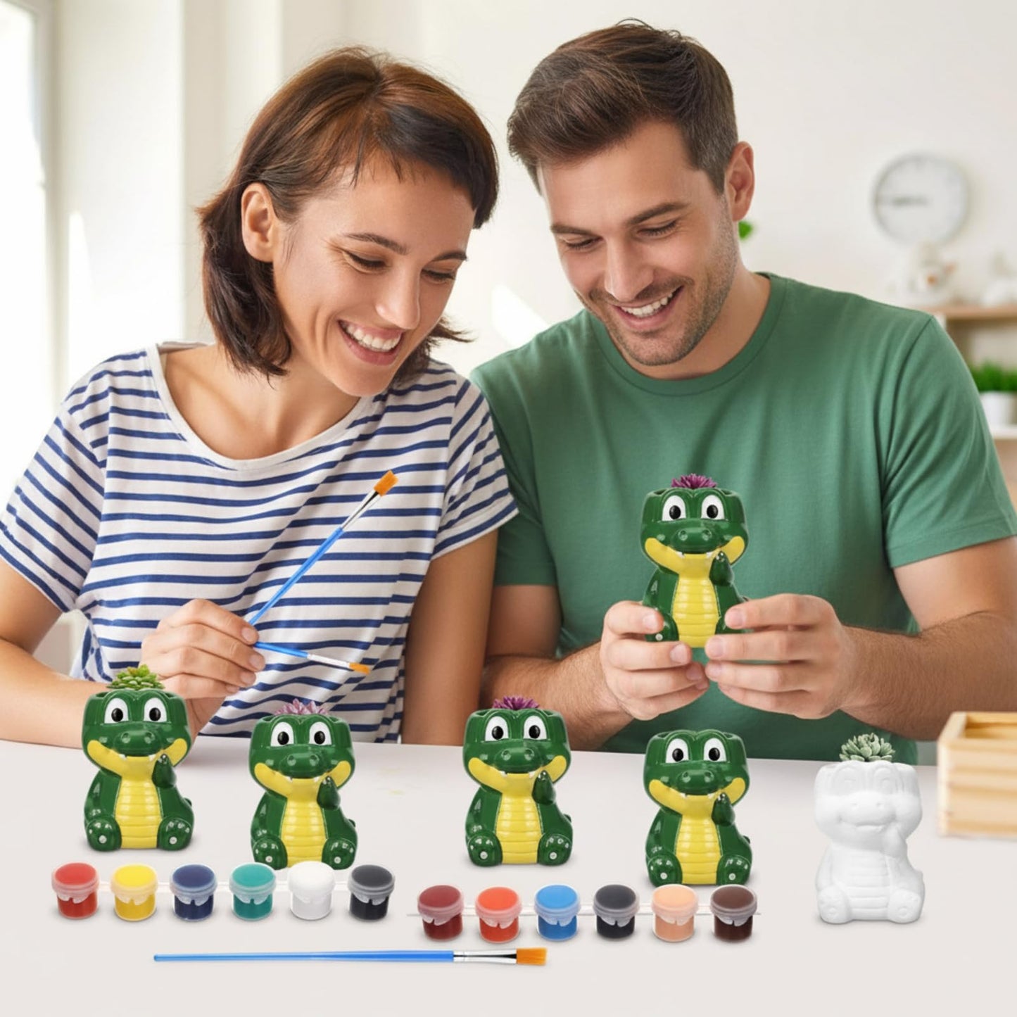 Pasimy 6 Set Ceramics to Paint DIY Ceramic Succulent Planter Pots Paint Your Own Flower Pots Craft Kit Unpainted Bisque Flowerpot with Brush Palette for Family Activity Holiday Gifts (Cute Dinosaur)