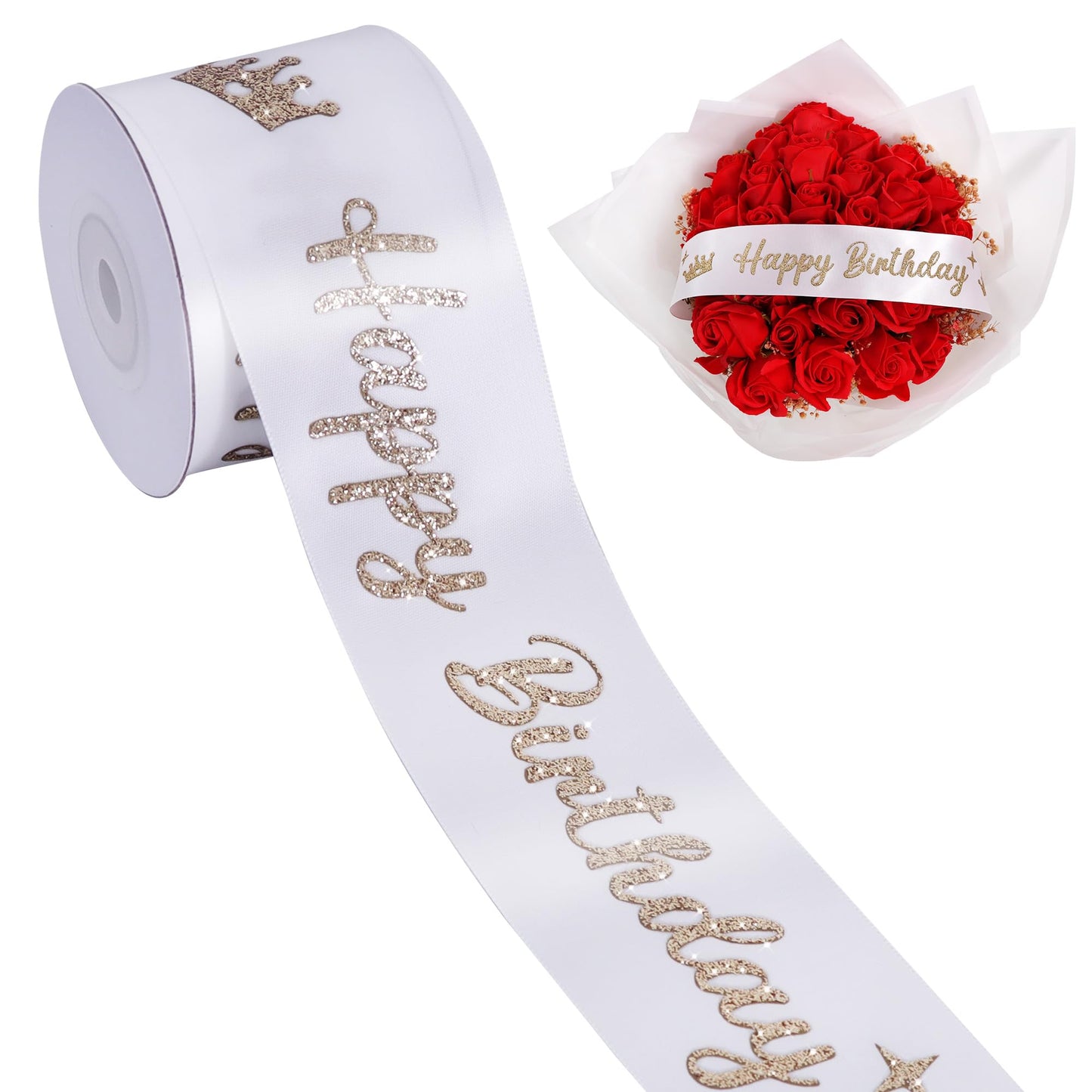 TONIFUL White Glitter Happy Birthday Satin Ribbon 2 Inch x 10 Yards Wide Printed Shiny Ribbon for Gift Wrapping,Flower Bouquet Decoration,Crafts,Banner Making and Party Supply