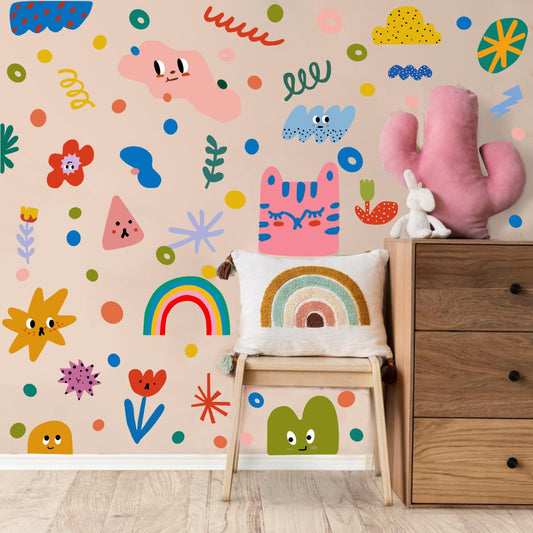XUOIAYNB Colorful Abstract Shape Wall Stickers, Lovely Smile Clouds Rainbow Irregular Dots Vinyl Wall Decals, Removable Geometry Shape DIY Wall Art for Classroom Kindergarten Playroom Decor