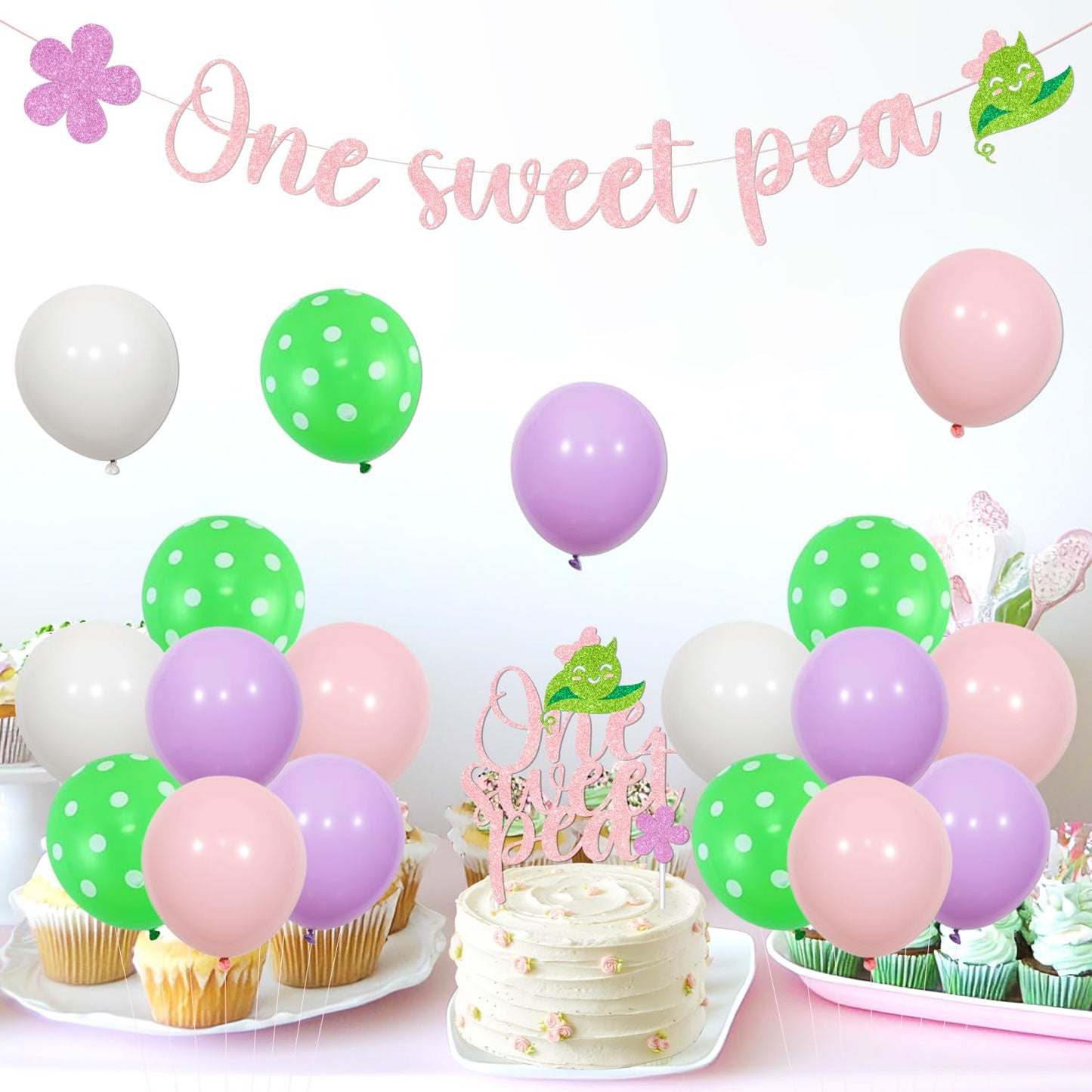 One Sweet Pea Birthday Decorations Pink, Sweet Pea Themed 1st Banner High Chair Banner and Cake Topper Latax Ballons and Number 1 Foil Ballon Kit for Pea First Birthday Party Supplies