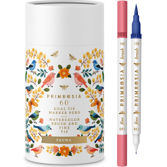 Primrosia Fauna - 60 Dual Tip Watercolor Brush and Fine Tip Pens. Marker Pens for Art Sketching Illustration Calligraphy Permanent Highlighter Bullet Journal Drawing Adult Coloring