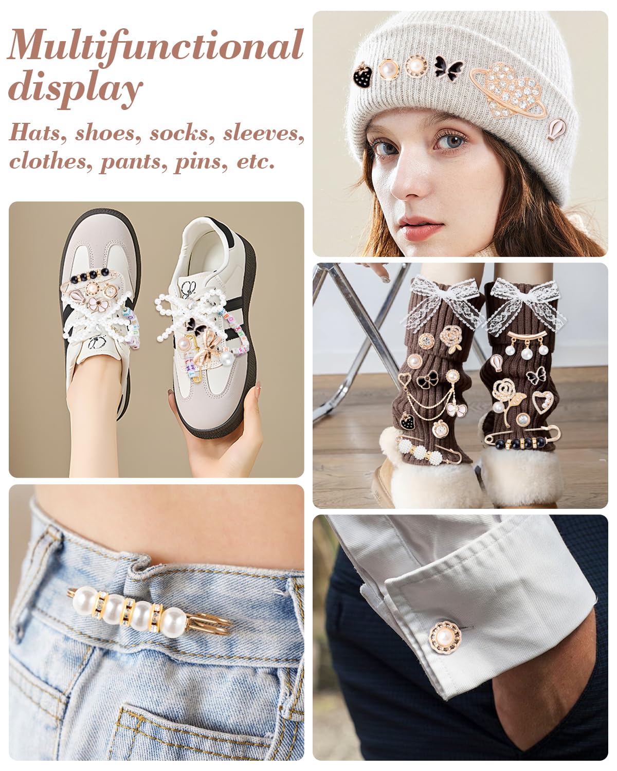 RQAYE 410pcs Shoe Charms for Sneakers & Accessories - DIY Shoe Lace Pearl Rhinestone Brooches and Pins for Women,Junk Socks Charms Kit and Satin Cute Shoelace Accessories