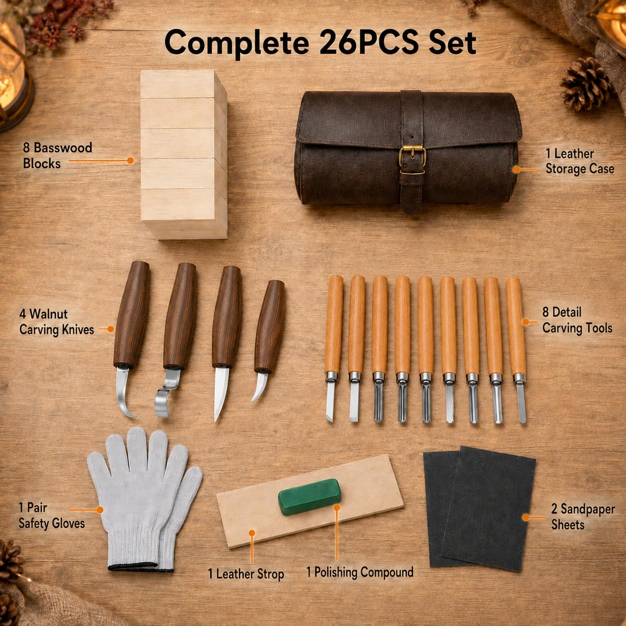 26Pcs Deluxe Wood Carving Kit, Whittling Knife Set with Leather Storage Case, Basswood Blocks & Safety Gloves, Woodworking Tools for Beginners Adults Kids, DIY Craft Gift for Men Teens