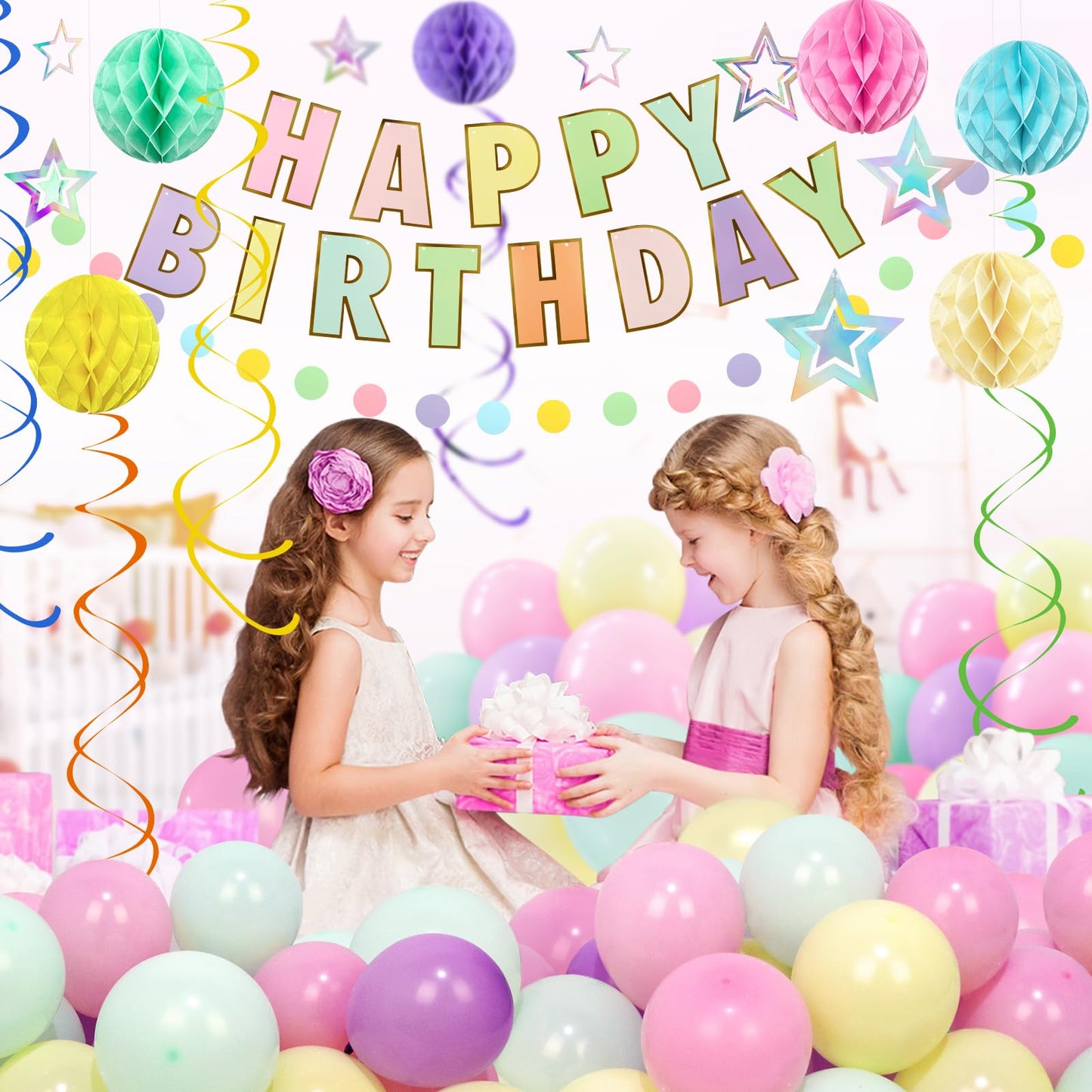 ZERODECO Birthday Decorations, Easy to Assemble Pastel Happy Birthday Banner with Honeycomb Ball, Balloon, Hanging Swirl Streamer, Garland, Happy Birthday Party Decorations for Women Girls Kids
