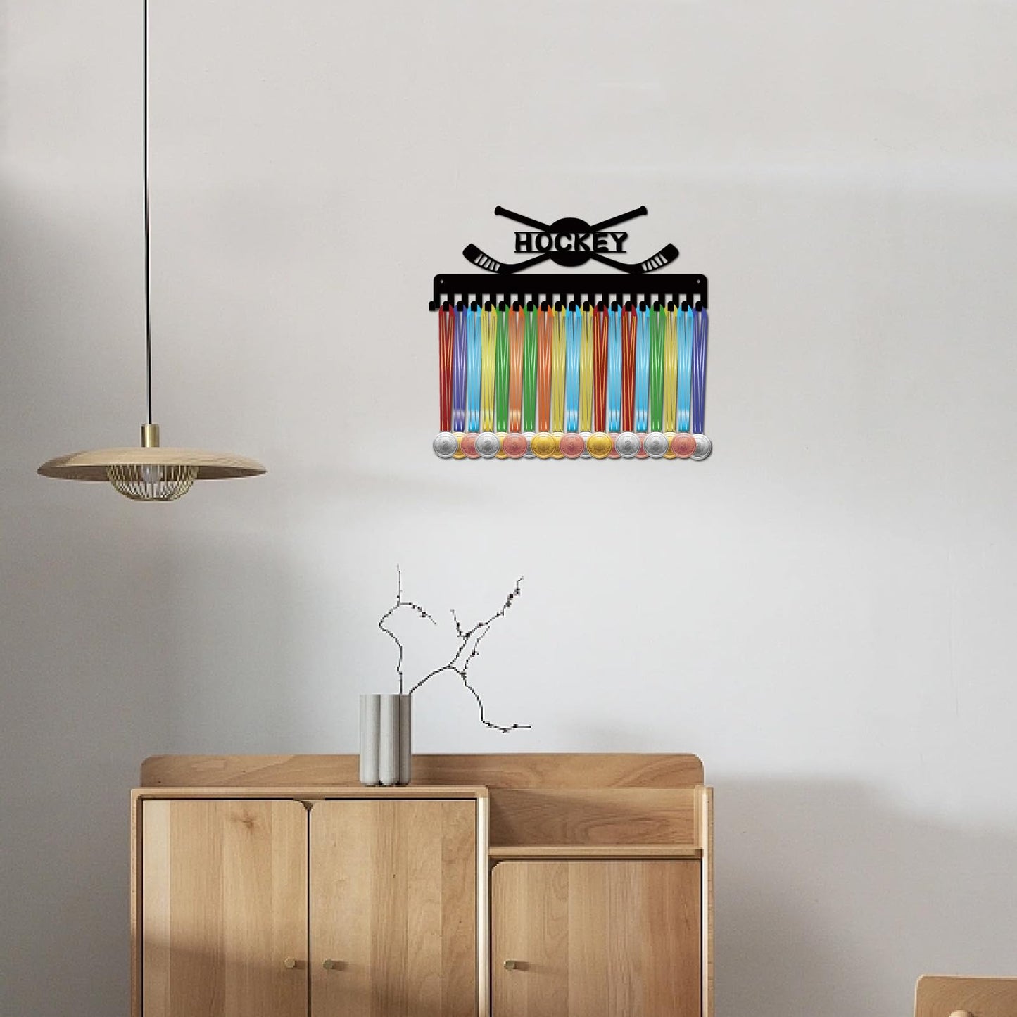 CREATCABIN Hockey Medal Holder Medal Hanger Display Hangers Rack Sports Metal Hanging Athlete Awards Iron Wall Mount Decor with 20 Hooks for Wall Competition Ribbon Hockey Black 15.7 x 5.9 Inch