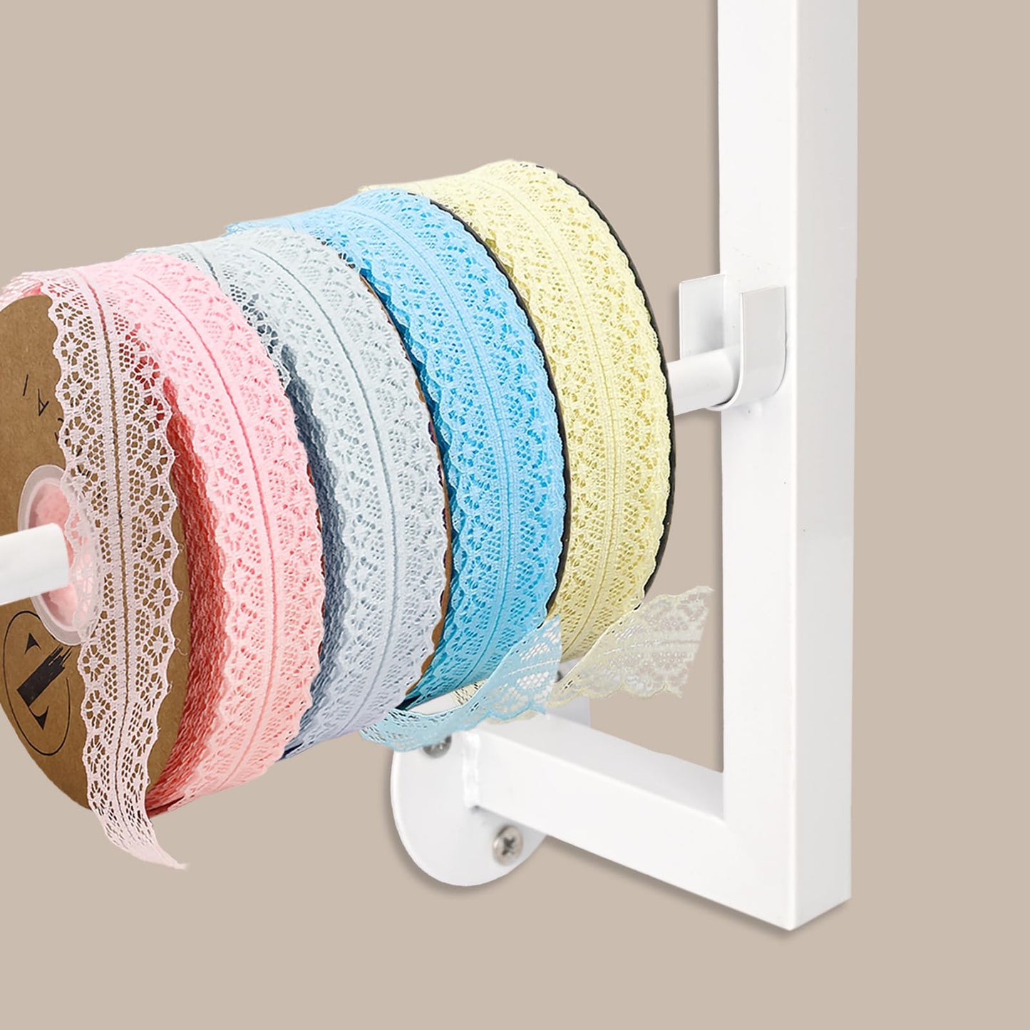 Yonynise Ribbon Storage Organizer,Wall Mounted Ribbon Holder Rack,7 Tier Large Capacity Metal Ribbon Storage for Craft Room,Flower Shop,Cake Shop,Gift Wrapping Paper,White