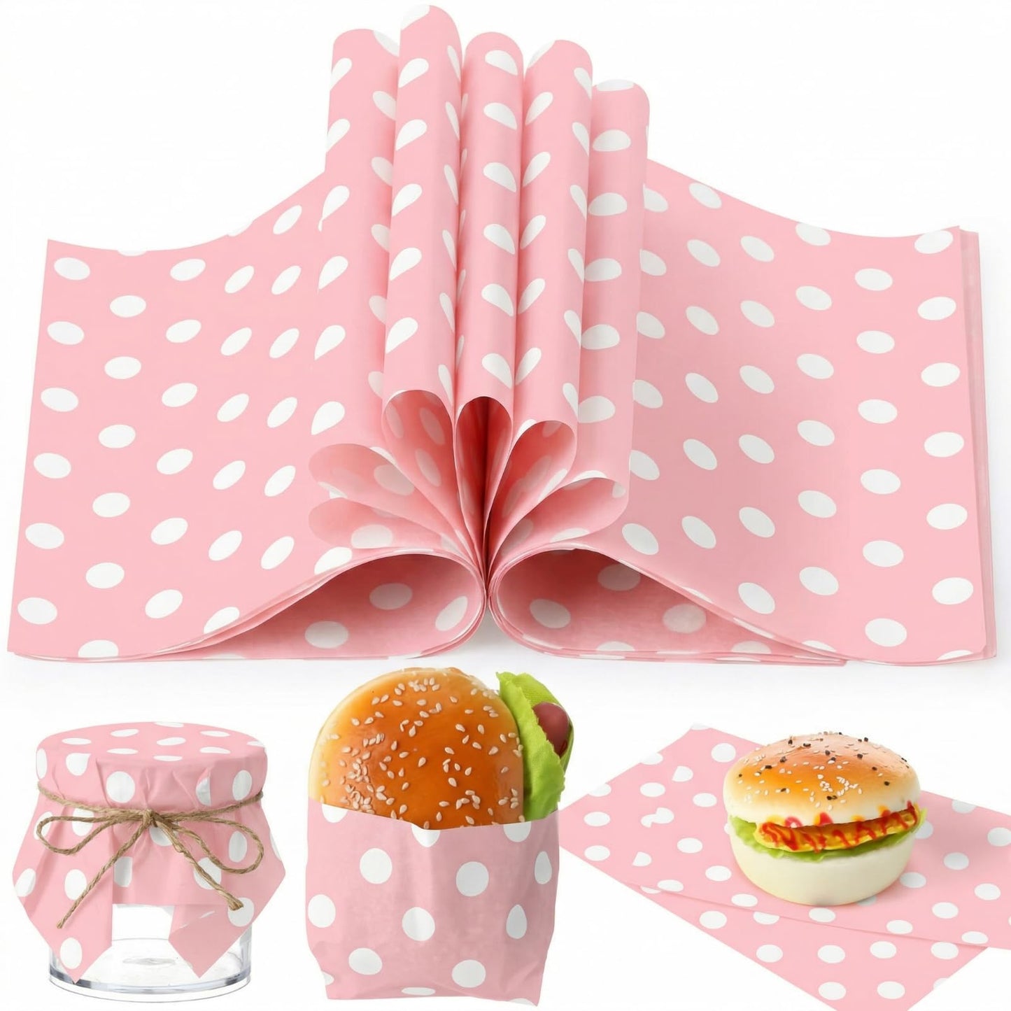 Gersoniel 150pcs Wax Paper Sheet for Food Dot Printed Bakery Tissue Greaseproof Disposable Wrapping Paper for Sandwich Food Picnic Baskets Liner Wedding Birthday Party Supplies(Pink,9.84x8.27'')