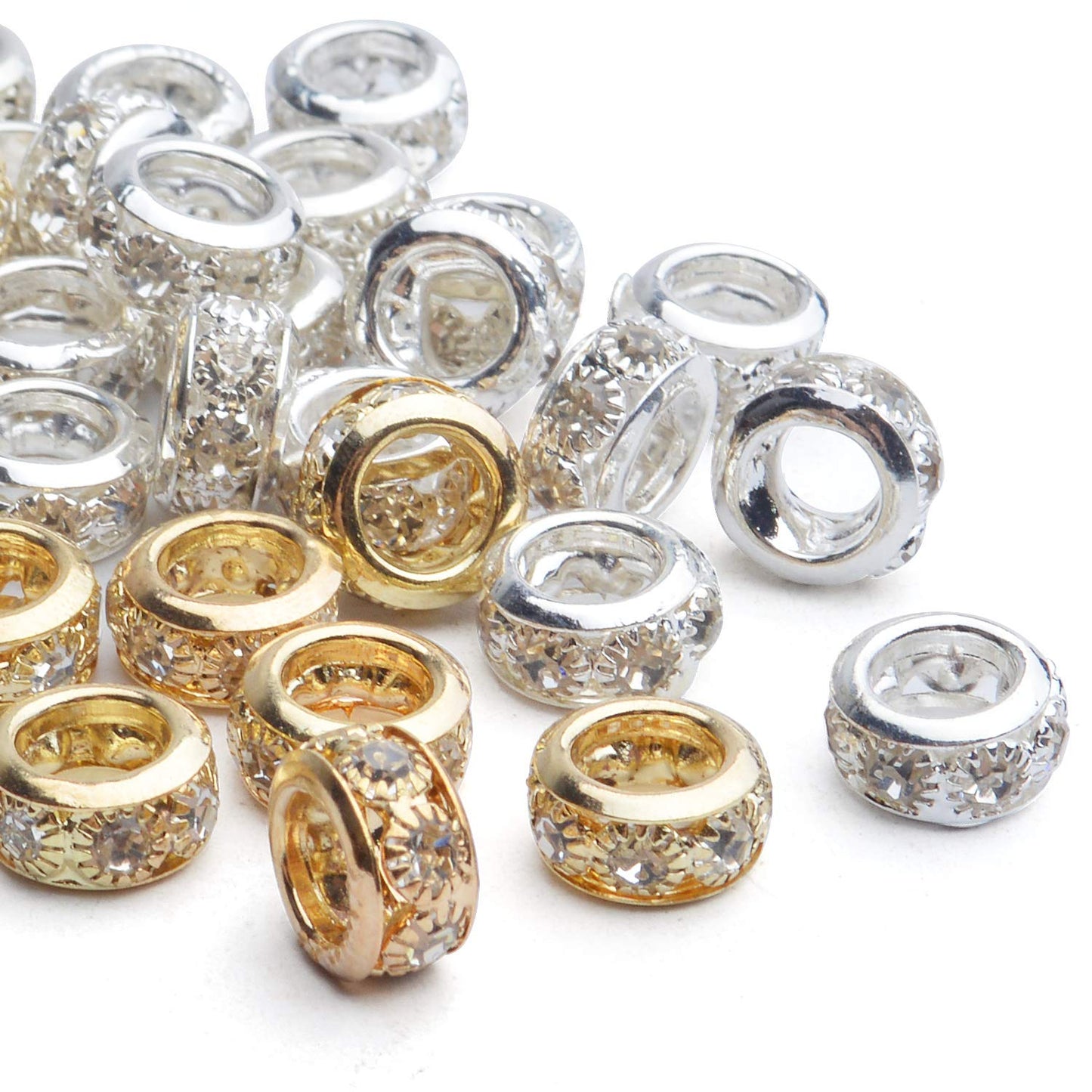 Large Hole Rhinestone Spacer Beads, 40pcs 10mm Crystal Pave Brass Rondelle Beads Fit European Bracelet Snake Chain Jewelry DIY