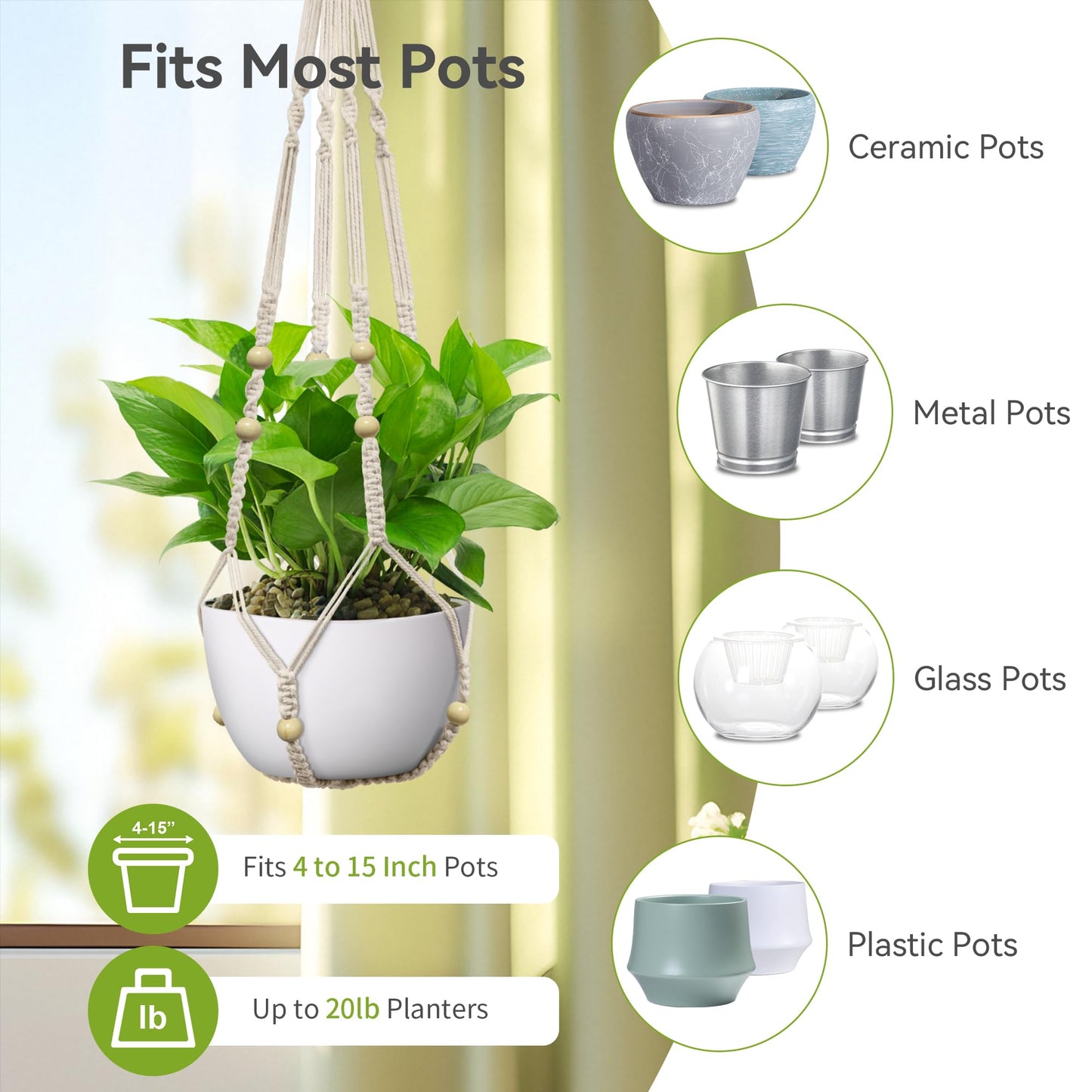 USLAI Macrame Plant Hanger Indoor Outdoor, Fits 4 to 15 Inch Pots, Strong Hanging Planter Holder, Boho Home Decor, 23+29+35 Inch, Ivory (POTS NOT Included)