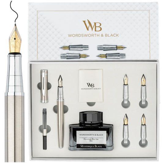 Wordsworth & Black Fountain Pen Gift Set, Includes Ink Bottle, 6 Ink Cartridges & A Refill Converter, 4 Replacement Nibs, Premium Package, Journaling, Calligraphy, Smooth Writing Pens [Silver Chrome]