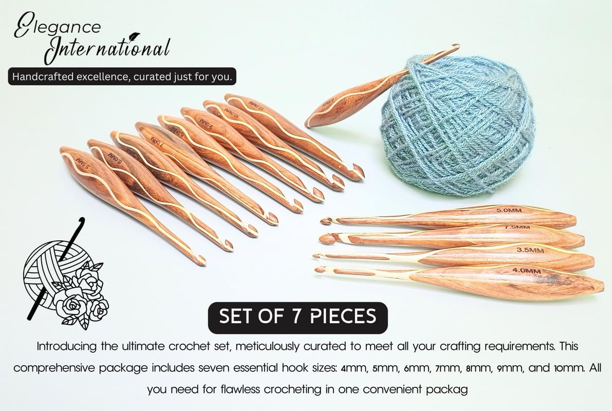 Rosewood Crochet Hooks Set - 7 Sizes 4mm to 10mm - Wooden Crochet Hooks with Comfortable Grip - - Ergonomic Design for Arthritic Hands - for Crocheting, Knitting - Gifts for Her(Set of 7)