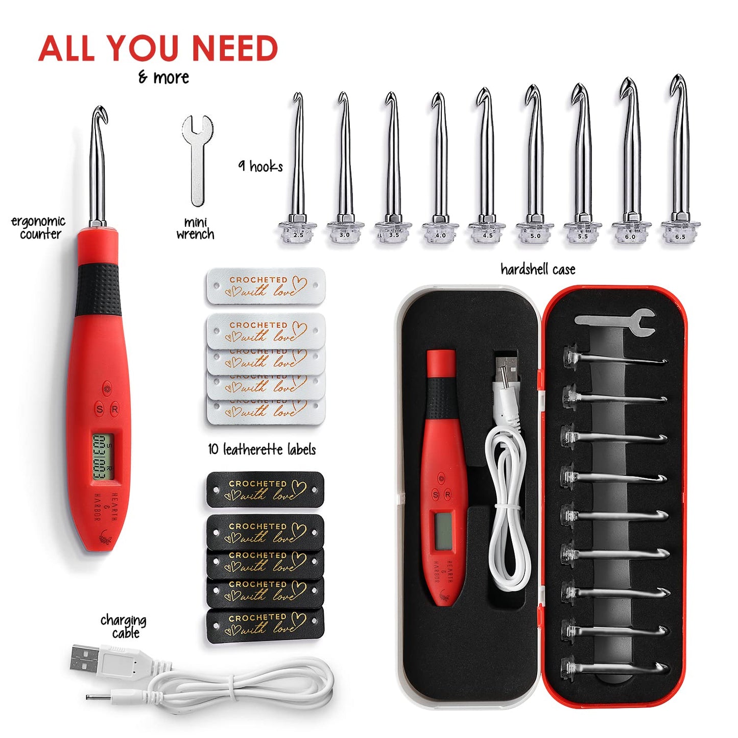 Hearth & Harbor Light Up Crochet Hook Set with Case, Counting Crochet Hook Set Digital for Stitch and Row Counter, Lighted Crochet Hook Set with 9 Interchangeable Crochet Hooks