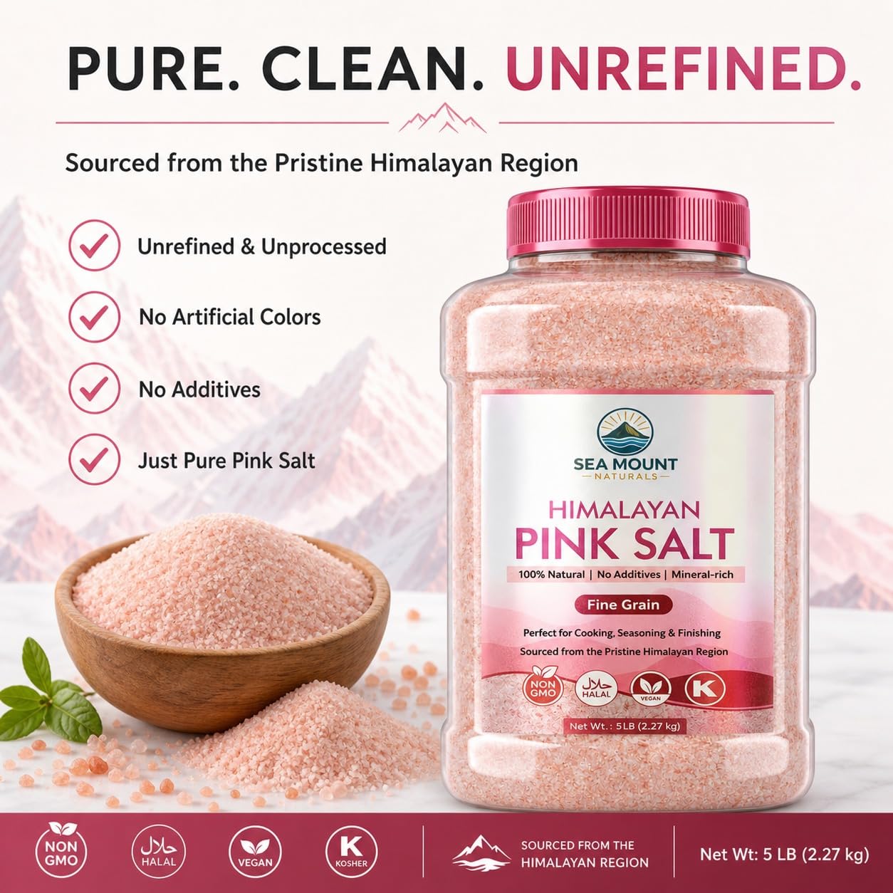 Himalayan Pink Salt Fine Grain 80oz (5 Pound), Kosher Certified, Non-GMO, Pure Mineral-Rich Pink Himalayan Sea Salt, For Cooking, Seasoning, Baking & Table Salt - Sea Mount Naturals