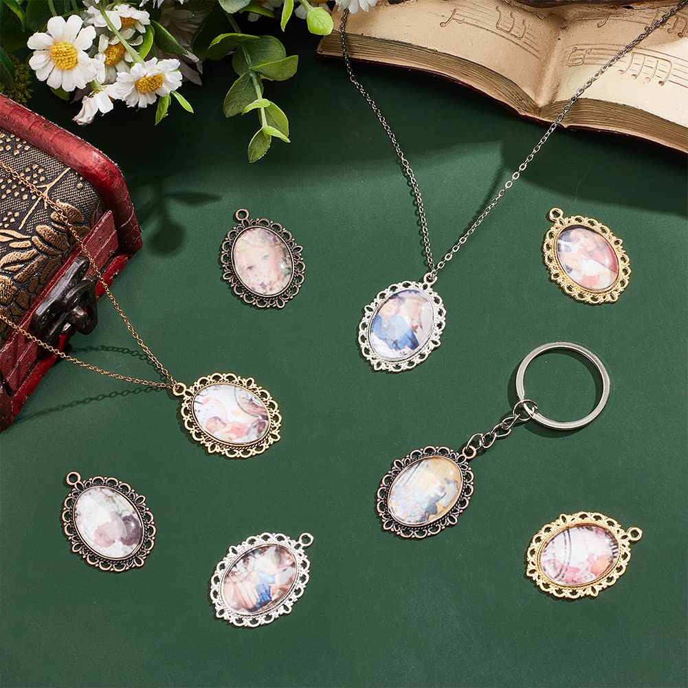 PH PandaHall 60pcs Pendant Tray Kit, 30pcs 5 Color Oval Pendant Blank Bezel, 30pcs 25 x 18mm Glass Cabochon Dome Tiles Clear Cameo Memorial Photo Pendant for Wedding Bouquet Graduation Photo Charm