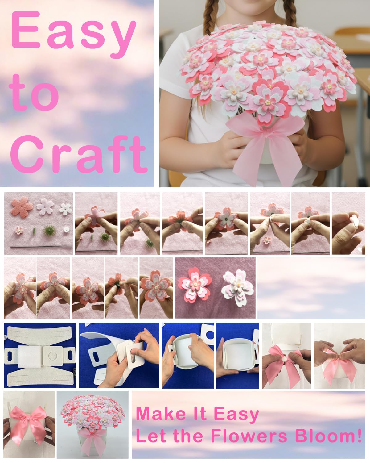 BAZIMA DIY Felt Flower Art Craft Kit,Cherry Blossom Bouquet Making Kit, Floral Gifts,Beginner Craft Kit, Arrange Pre-Cut Felt Flowers, Ideas for Art Project Activity,32 Felt Flowers.