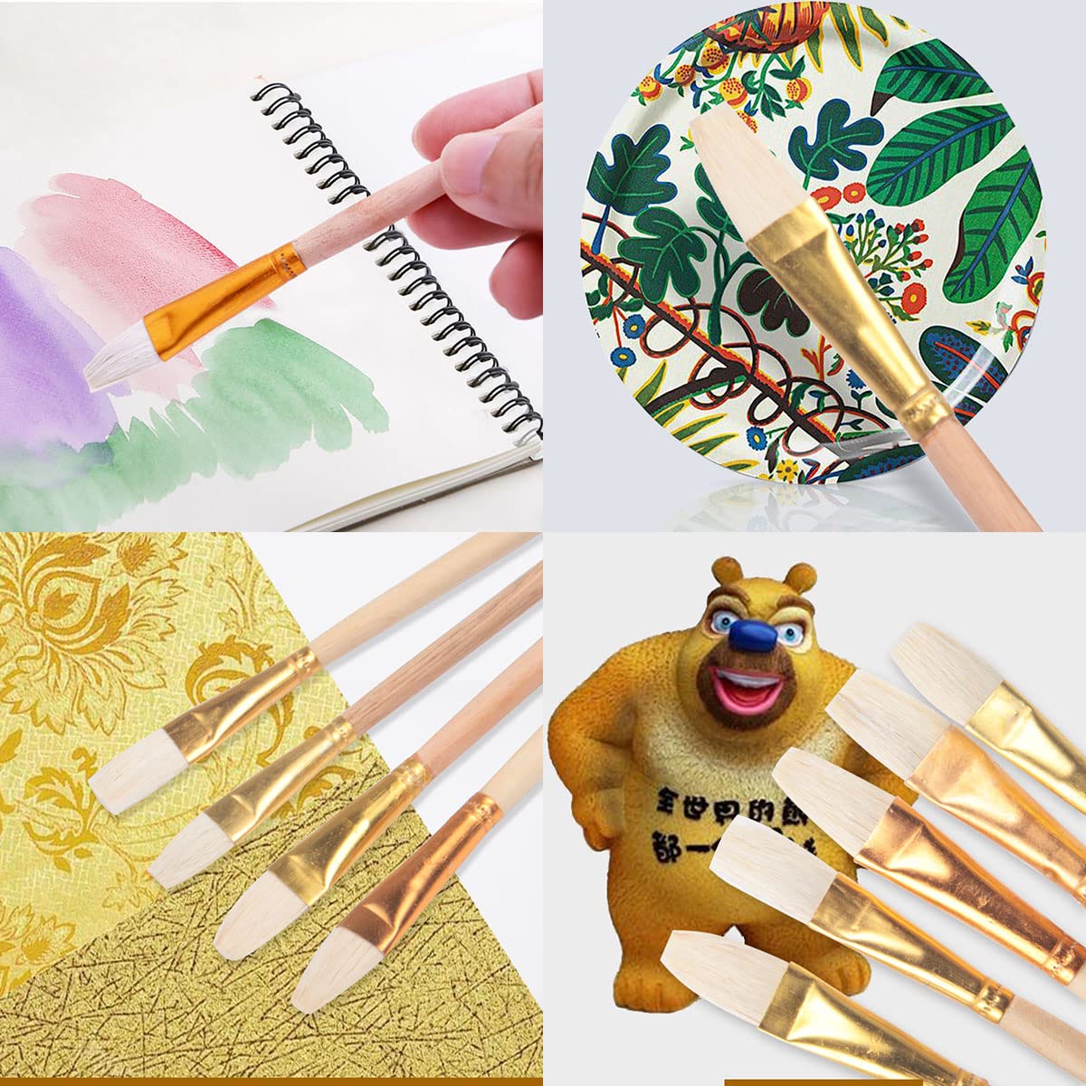 Fortunemee 7 PCS Assorted Size Gilding Brush Set, Gold Leaf Goat Hair Painting Brush Metallic Foil Flakes Paint Brush + 2 PCS Nylon Brush + Tweezers for Gold Foil Gold Leaf Sheets Art Crafts Supplies