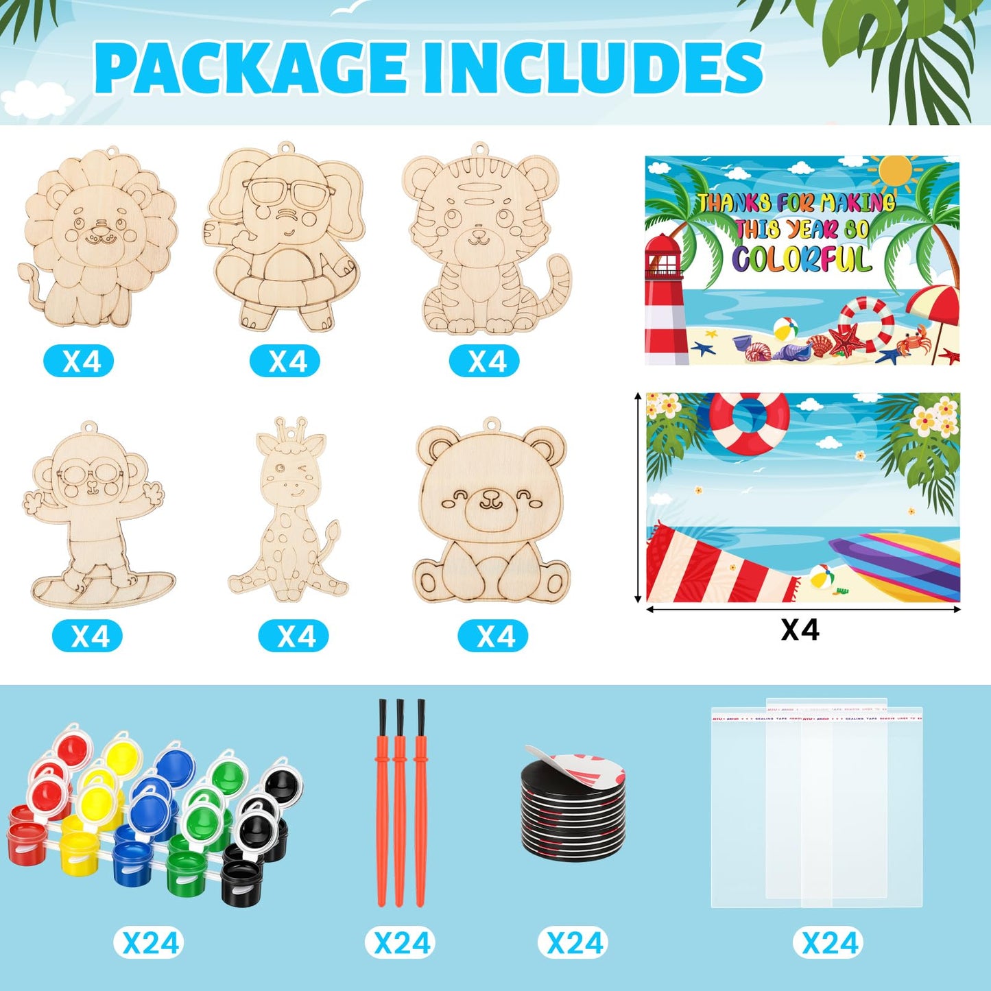 Kathfly 24 Pack End of Year Student Gifts from Teacher End of Year Craft Kit for Kids Safari Animals Classroom Gifts Wooden Magnet Painting Craft with Cards DIY School Gift for Preschool Girls Boys