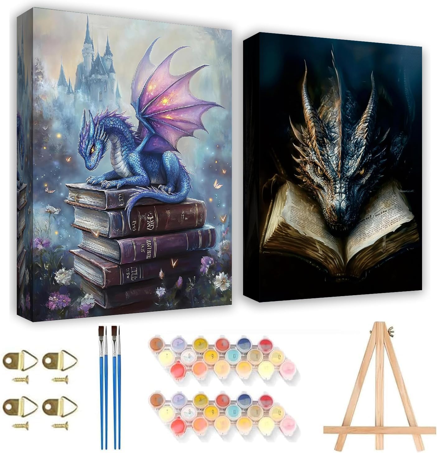 KYOQFVN 2 Pack Dragon Paint by Number Kits for Adults with Frame - Adult Paint by Numbers Kit on Canvas with Wooden Easel, Easy Acrylic Paintng by Numbers for Home Wall Decor8x12inch
