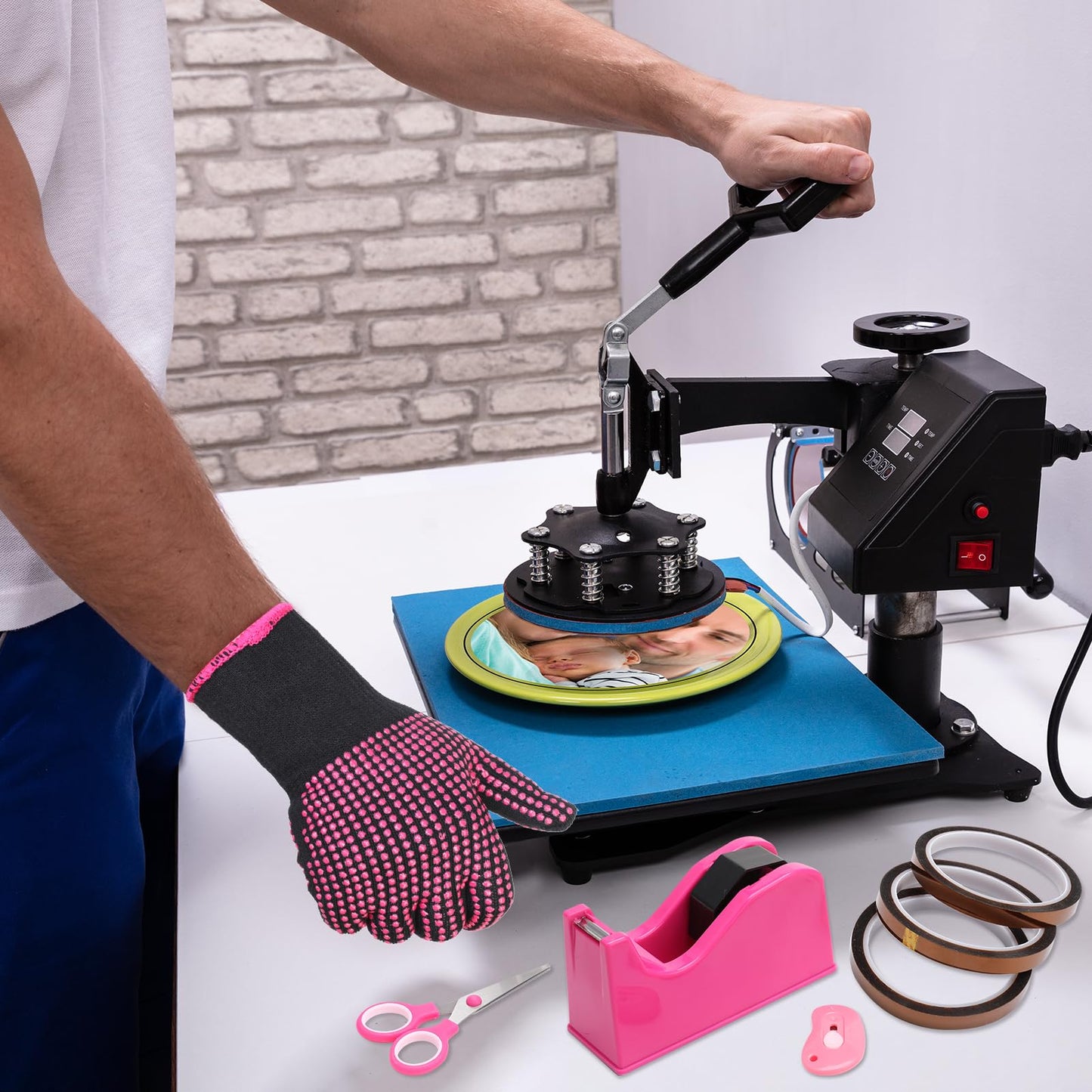 libfrnt 12 Pcs Heat Tape Dispenser Set, Sublimation Tape Dispenser Heat Resistant Gloves with Silicone Bumps 6 Pcs Heat Tape for Sublimation Mini Cutter Measuring Ruler Scissor for Office Home, Pink