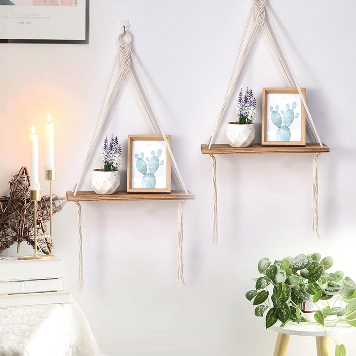 DD-life 2 Pcs Macrame Rope Triangle Shelf Wooden Wall Hanging Shelves Macrame Hanging Shelf Farmhouse Rustic Modern Plant Aesthetic for Room Nursery Bathroom Living Room College Dorm Room