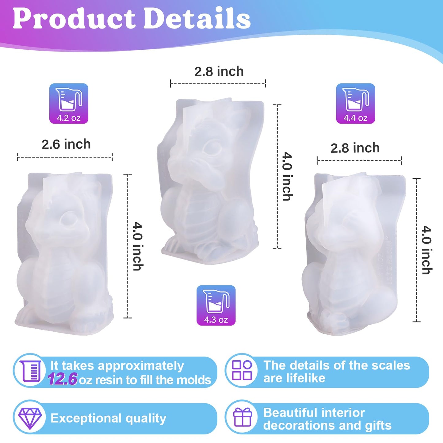 LET'S RESIN Dragon Resin Molds, Hear, Speak, See No Evil 3 Pcs Dragon Epoxy Resin Molds, Lively 3D Animal Silicone Molds for Epoxy Resin, Art Craft, Gift
