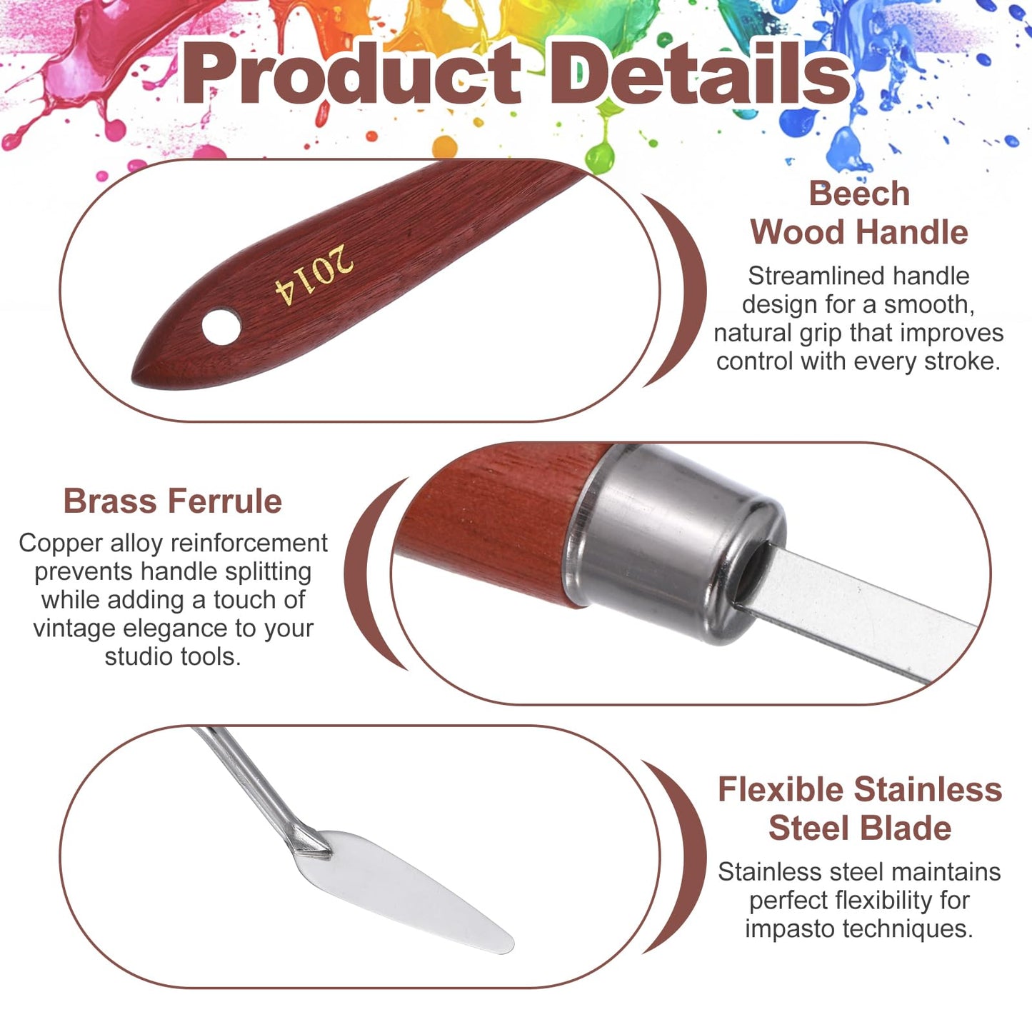 MECCANIXITY 3Pcs Palette Knife Type A, 17.5/18.5/19.2cm Long Palette Knives with Stainless Steel Flexible Spatula Pallet Knife and Wood Handle for Scraping, Mixing, Oil Acrylic Painting Canvas