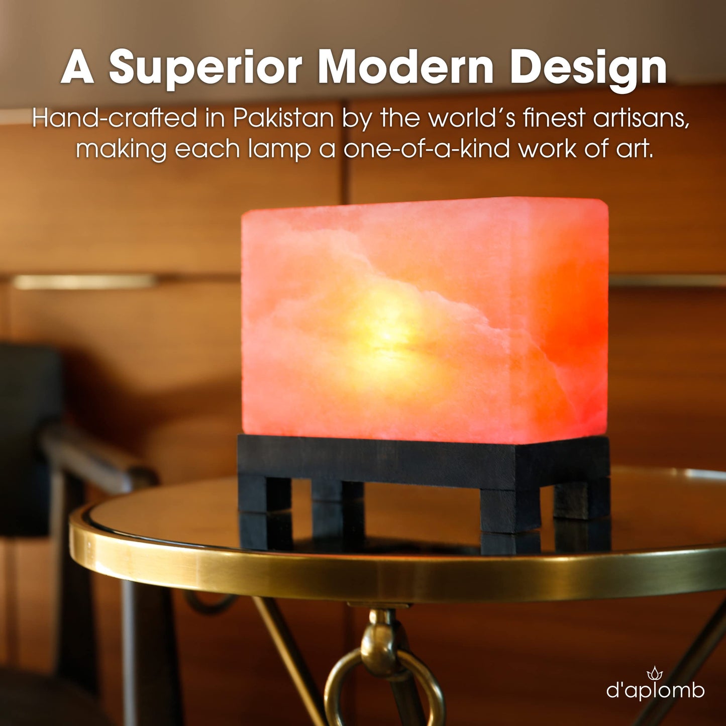 d'aplomb 100% Authentic Natural Himalayan Salt Lamp;Hand-Carved Modern Rectangle Rare Pink Crystal Rock Salt from The Himalayan Mountain; Footed Wood Base, Dimmer Cord; 11.5 lbs