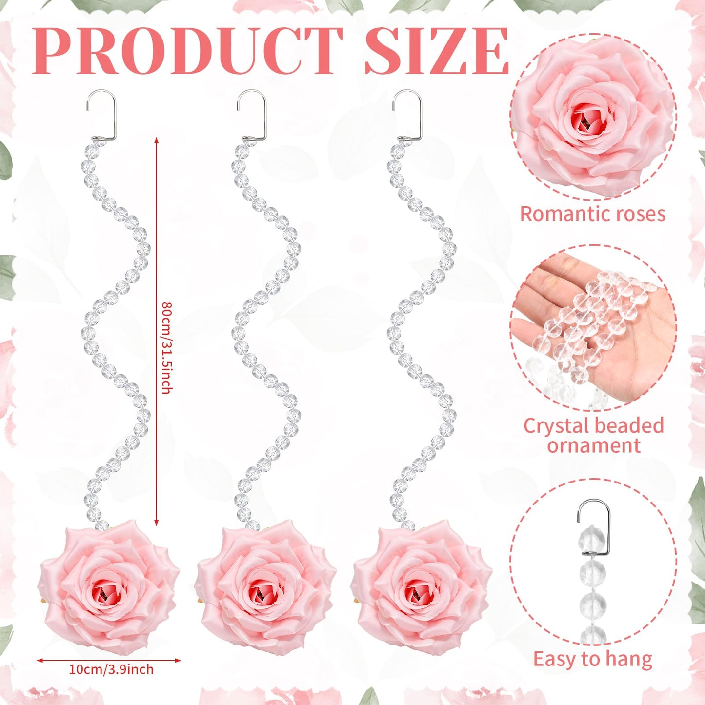 FYSUIMU 24Pcs 31.5 Inch Wedding Pink Artificial Rose Vine Garland Faux Flower Crystal Bead Hanging Garland for Valentine Birthday Wedding Party Decoration DIY Crafts Supplies
