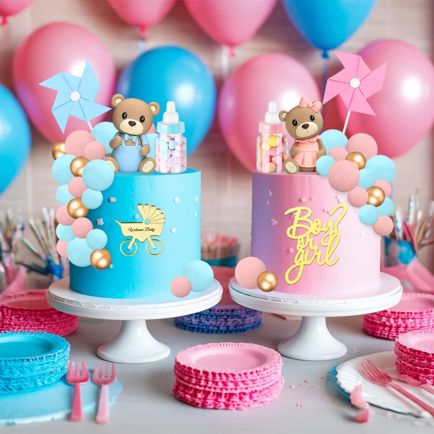 Gender Reveal Cake Toppers, Bear Cake Topper Balls Cake Decorations with Boy or Girl for Gender Reveal Baby Shower Bear Theme Party Supplies