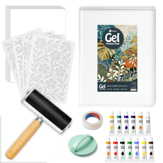 DINGSEN Gel Printing Plate Kit, Complete Printmaking Set with 8” X10” Gel Plate, Brayer, Watercolor Paints, A4 Printmaking Paper, and Essential Tools for Mixed Media Art, Monoprinting, Card Making