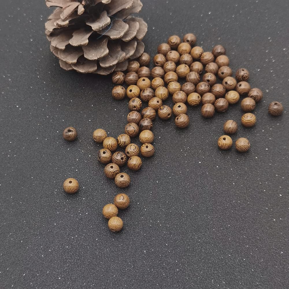 INSPIRELLE 400pcs 10mm Dark Brown Wooden Beads Undyed Natural Stripe Round Wood Loose Craft Beads for Bracelets and Jewelry Making