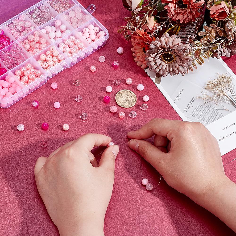 PH PandaHall 450pcs 8mm Pink Glass Beads, 15 Style Crackle Beads Baking Painted Bead Acrylic Loose Bead Spacers for Friendship Bracelets Necklaces Jewelry Making Mother's Day Wedding Birthday