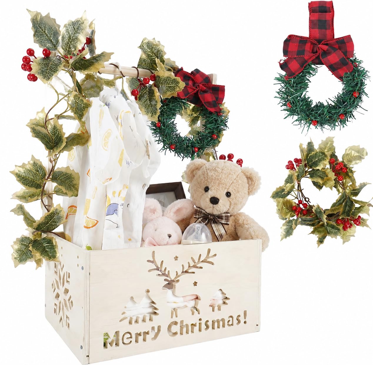 XIANMEI Wooden Baby Shower Crate Closet, Shower Basket with Artificial Vines & Garland, Perfect Gifts for Newborn, Pregnancy New Parent