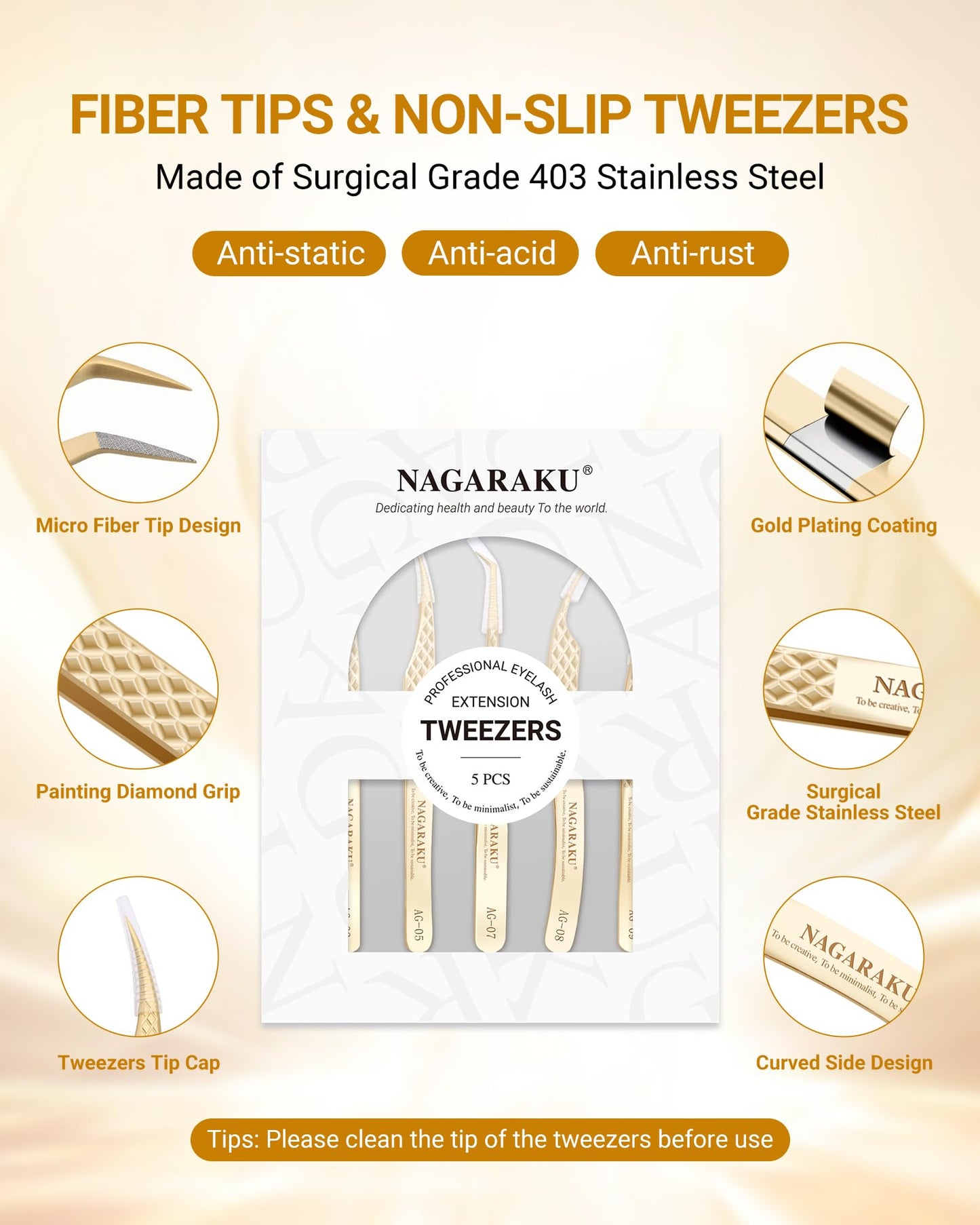 NAGARAKU Eyelash Tweezers Set, 5 PCS Precision Micro Fiber Tip Tweezer for Lash Extensions Antistatic Anti-Slip Straight and Curved Pinzas AG-03/AG-05/AG-07/AG-08/AG-09 with Box For Lash Artists