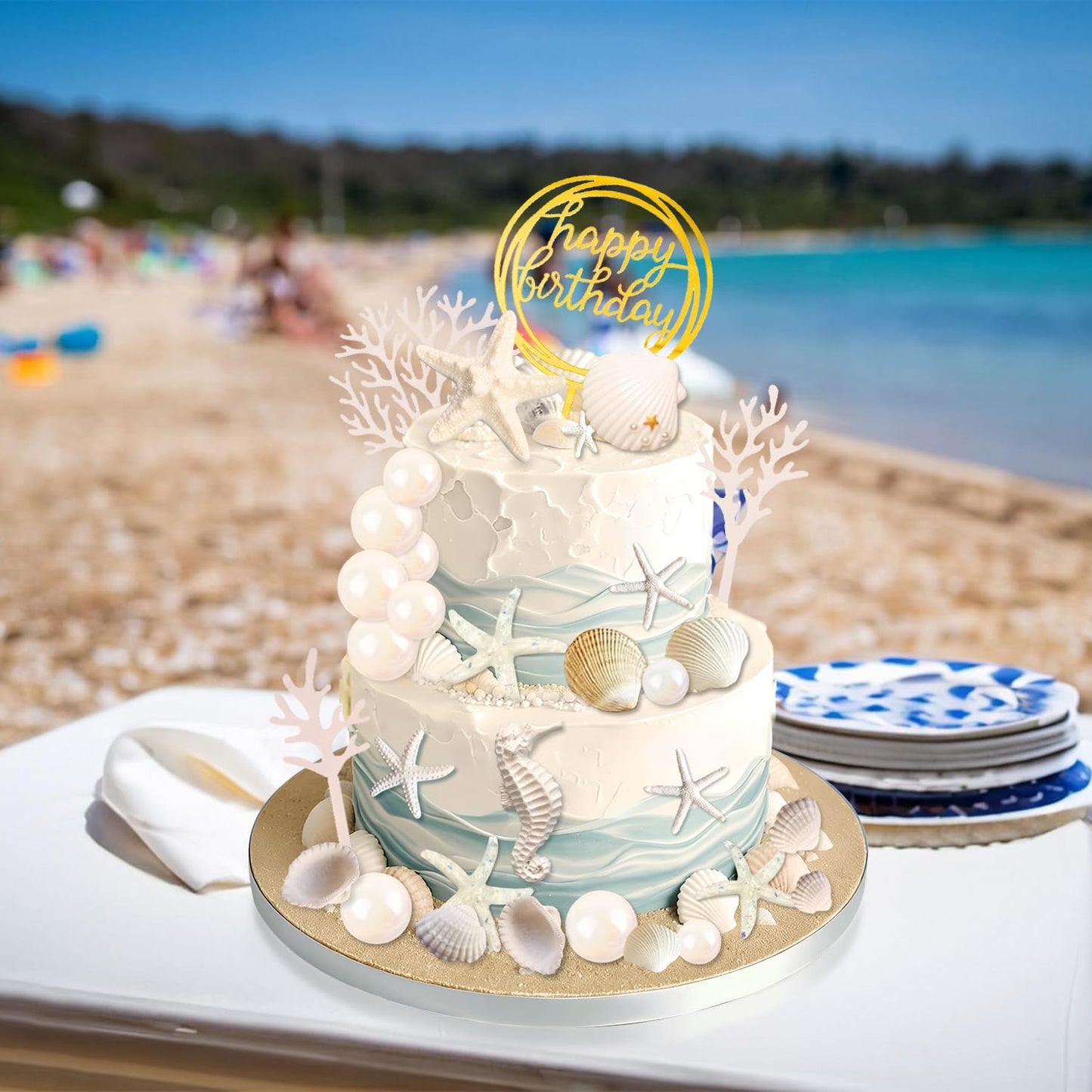 34 PCS Beach Seashell Cake Toppers, Beach Seashell Cake Decorations Birthday Party Decorations Under the Sea Ocean Cake Decoration for Summer Ocean Sea Starfish Theme Party Supplies