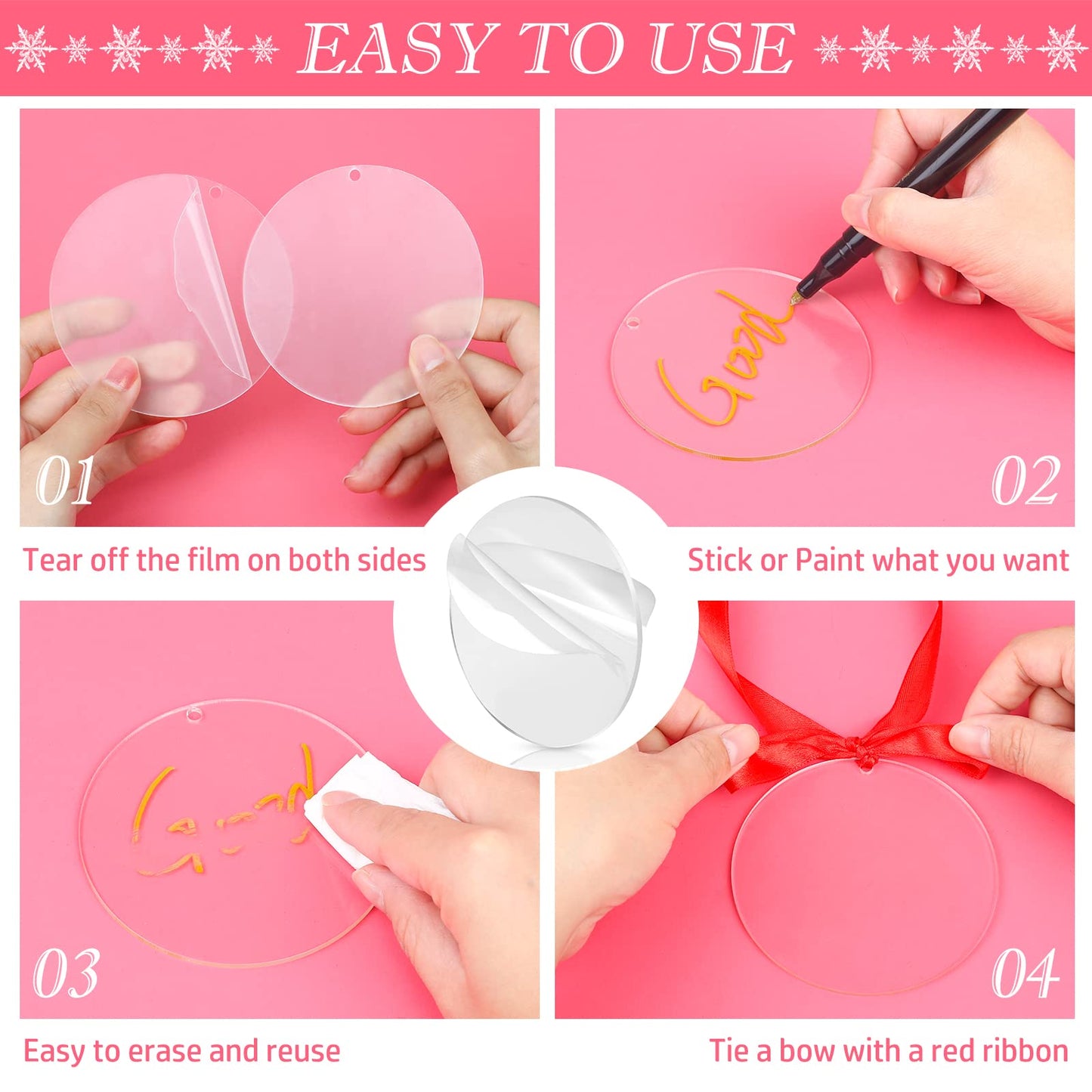Cludoo 3.5 Inch Acrylic Ornaments Blanks, 30pcs Clear Round Acrylic Ornament Blanks, Acrylic Circle Disc Ornament Blanks with Hole for Vinyl, Christmas Decor, Engraving, Painting, and DIY Crafting