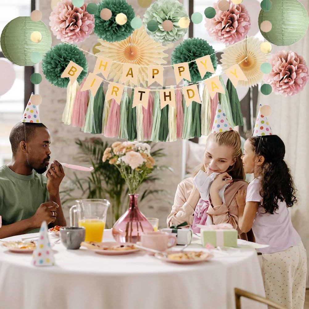 Sage Green and Pink Birthday Decorations Dusty Rose and Sage Green Happy Birthday Decor Retro Olive Sage Green and Dusty Pink Birthday Decorations for Women Girls with Tassel Garland Banner Beige Gold